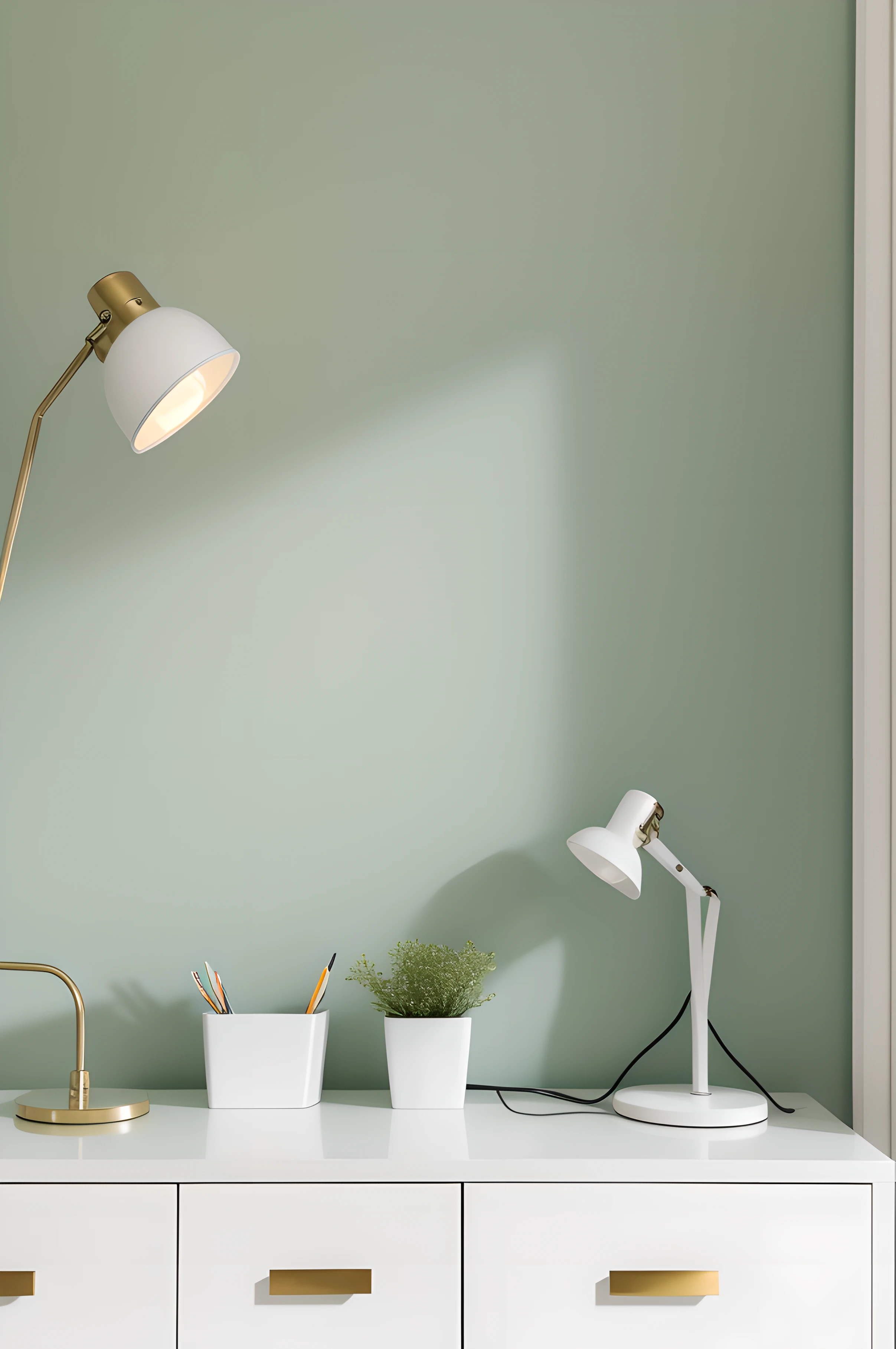 Close-up of two desk lamps on a white dresser,Pale green walls,Bright sunlight shines in from the side through the windows,Bright surroundings,Detailed details,frontage,More real,high detal,Cool color style