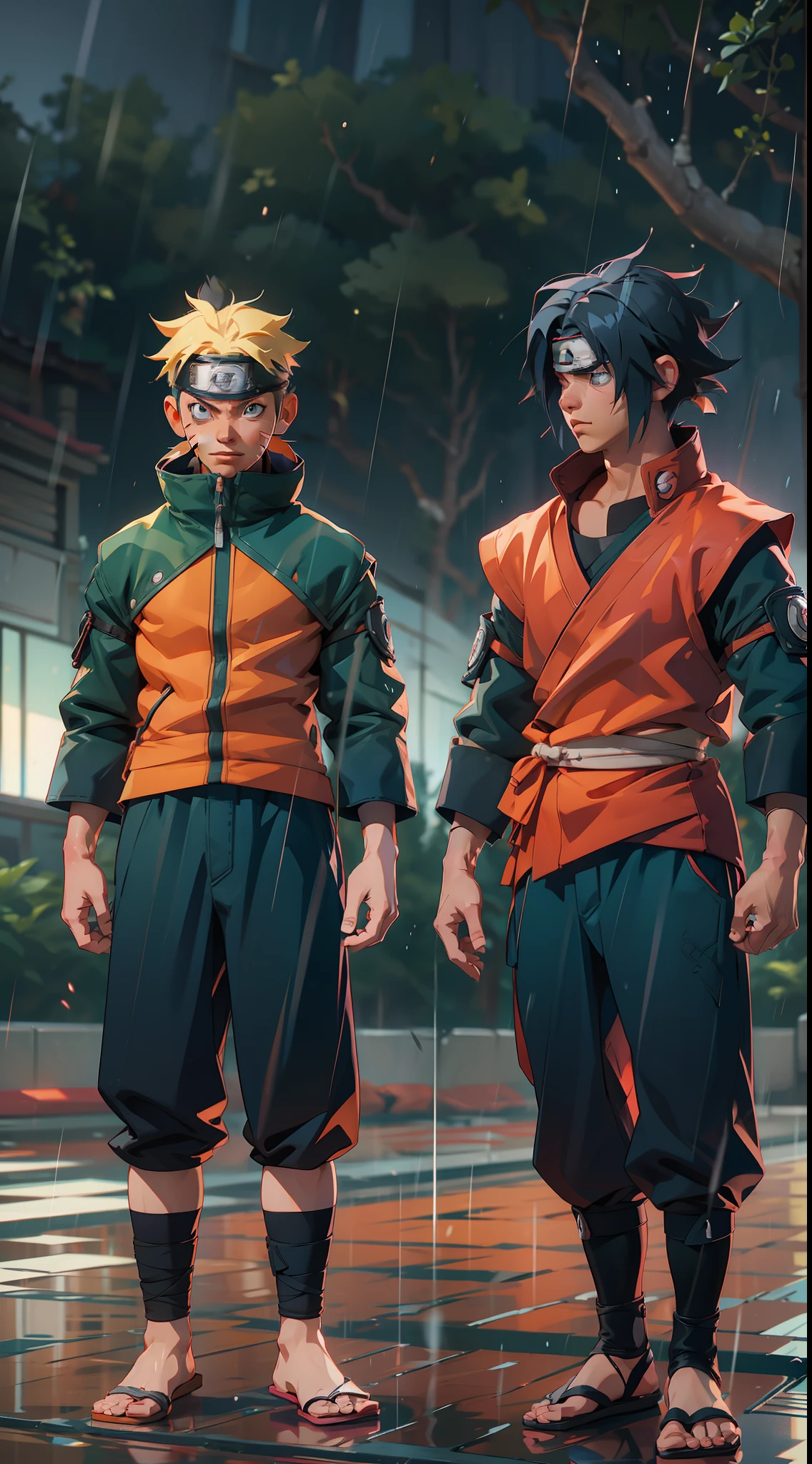 naruto shipuden naruto and sasuke, super strong, muscular, raining, 35mm lens, photography, ultra details, precise texture details HDR, UHD,64K,