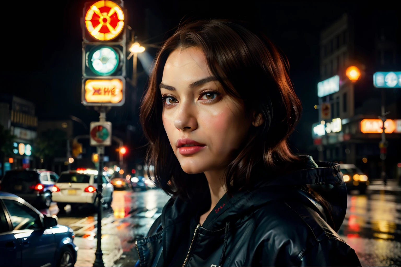 ((Masterpiece)), Cinematic lighting, The girl's side face, Stand at a crosswalk at an intersection, Look at the red traffic light, Gwen's beautiful stylized illustrations, brunette color hair, incredibily detailed, Black eyes and beautiful delicate face, lips parted, Sexy eyes, City recreation, Sci-fi sense, looks away, high detal, 8K, Rainy, Medium shot, Movie color, Film texture, Melancholic atmosphere, Hoodie, Wong Kar-wai style