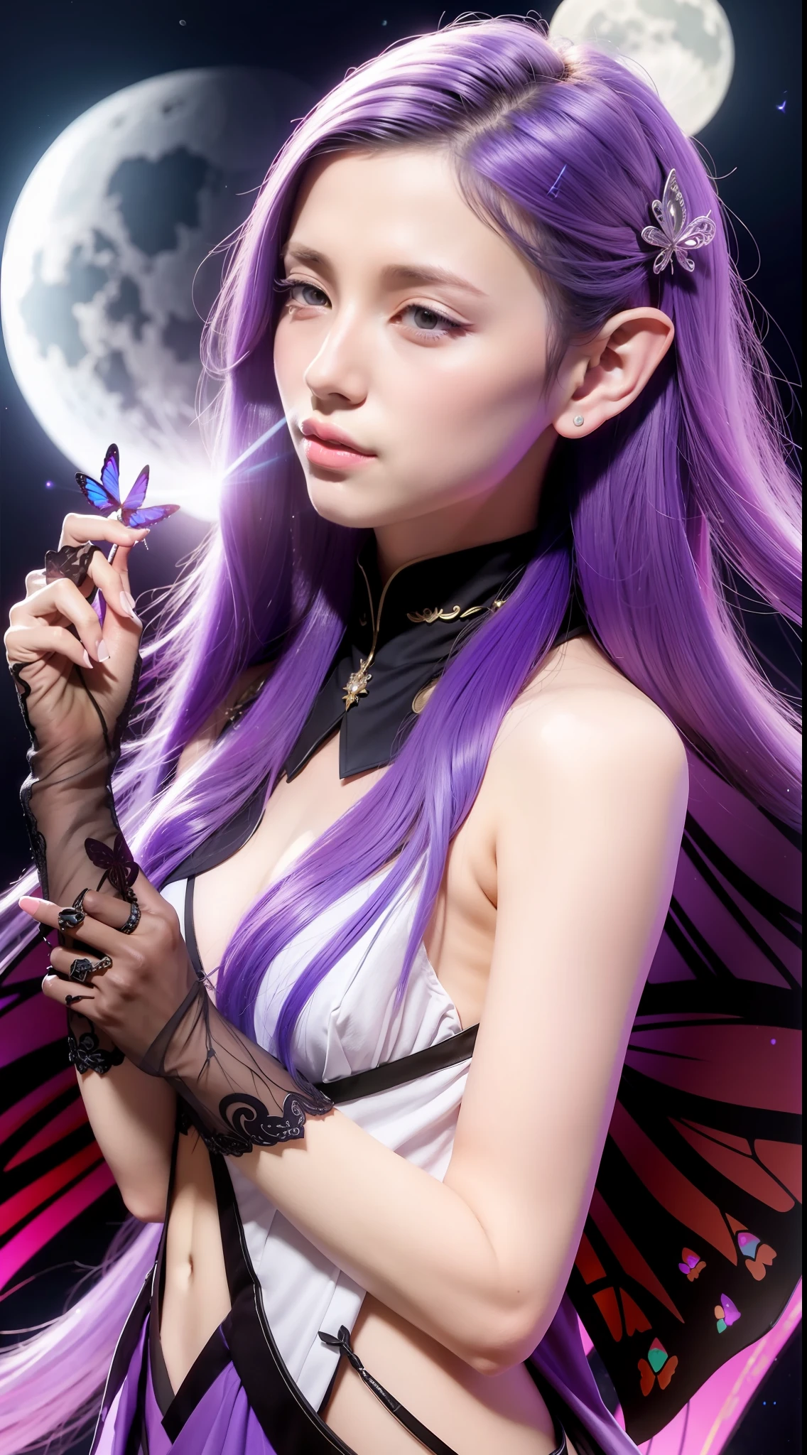 elvish ears,Purple and black suit,Long legs,Colorful butterfly wings,Skysky,Moon,Fly hand in hand with girls