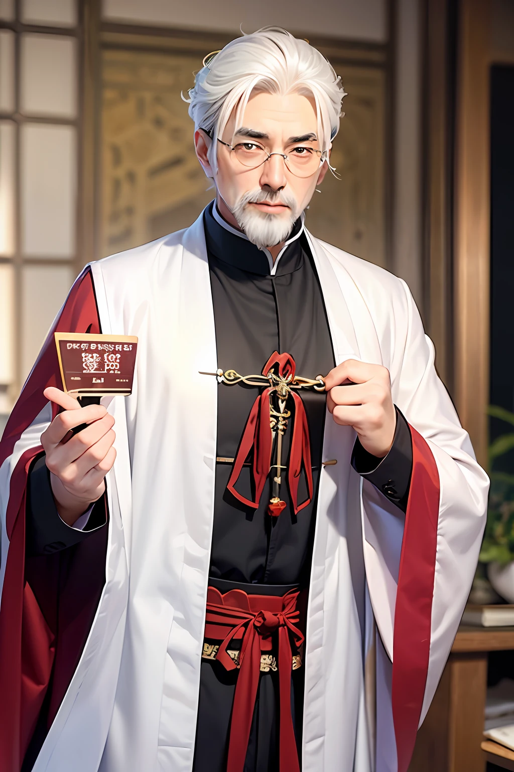 An old Taoist priest with white hair and beard held a fan to his chest