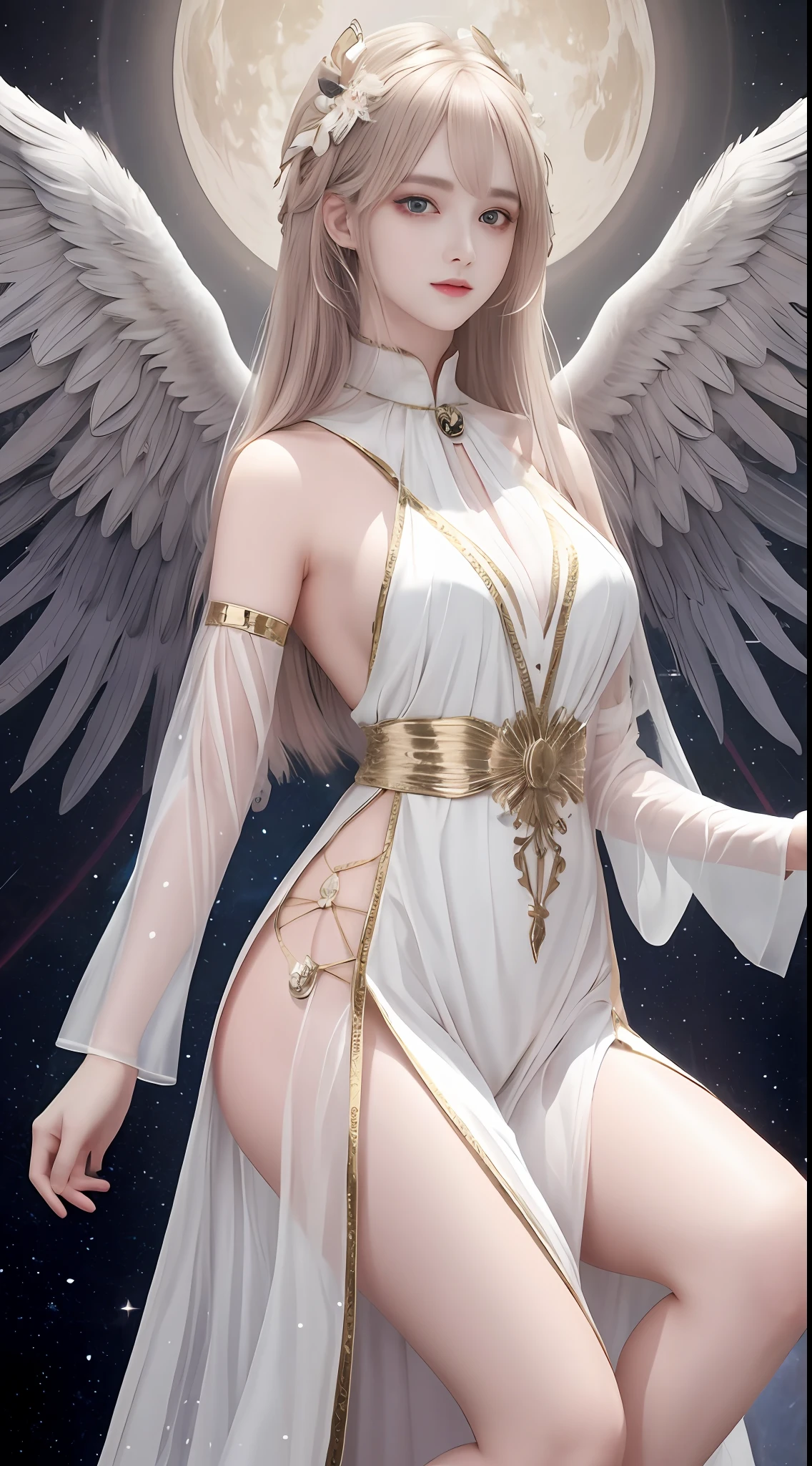 Ultra-realistic 8K CG, perfect face, perfect, clean, masterpiece, professional artwork, famous artwork, perfect face, beautiful face, beautiful eyes, rainbow cleric suit, lace, open brests, beautiful rainbow clothes, black wings, delicate pattern, fantastic pose, Fascinating, galactic space background, big moon in the back, flapping wings
