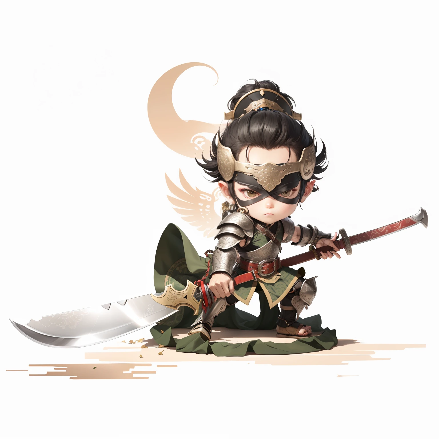 male people，Male characters，tchibi，Bad，Green Dragon Moon Knife，Big knife weapons，The handle has a delicate pattern，Shoulder blades，metal breastplate，chainmail，Animal pattern cuirass， plate，Bracers，Flowing hem，China-style，Chinese-style clothing，Chinese shoes，There are beautiful patterns on the weapon grips，Refinement，Fine painting，Refinement，infinite details，high definition detail，Delicate belt，Belt accessories，Male characters，Blindfolds，Black color hair，Patterned，Pattern，Blank background，Bright colors，Metal edging