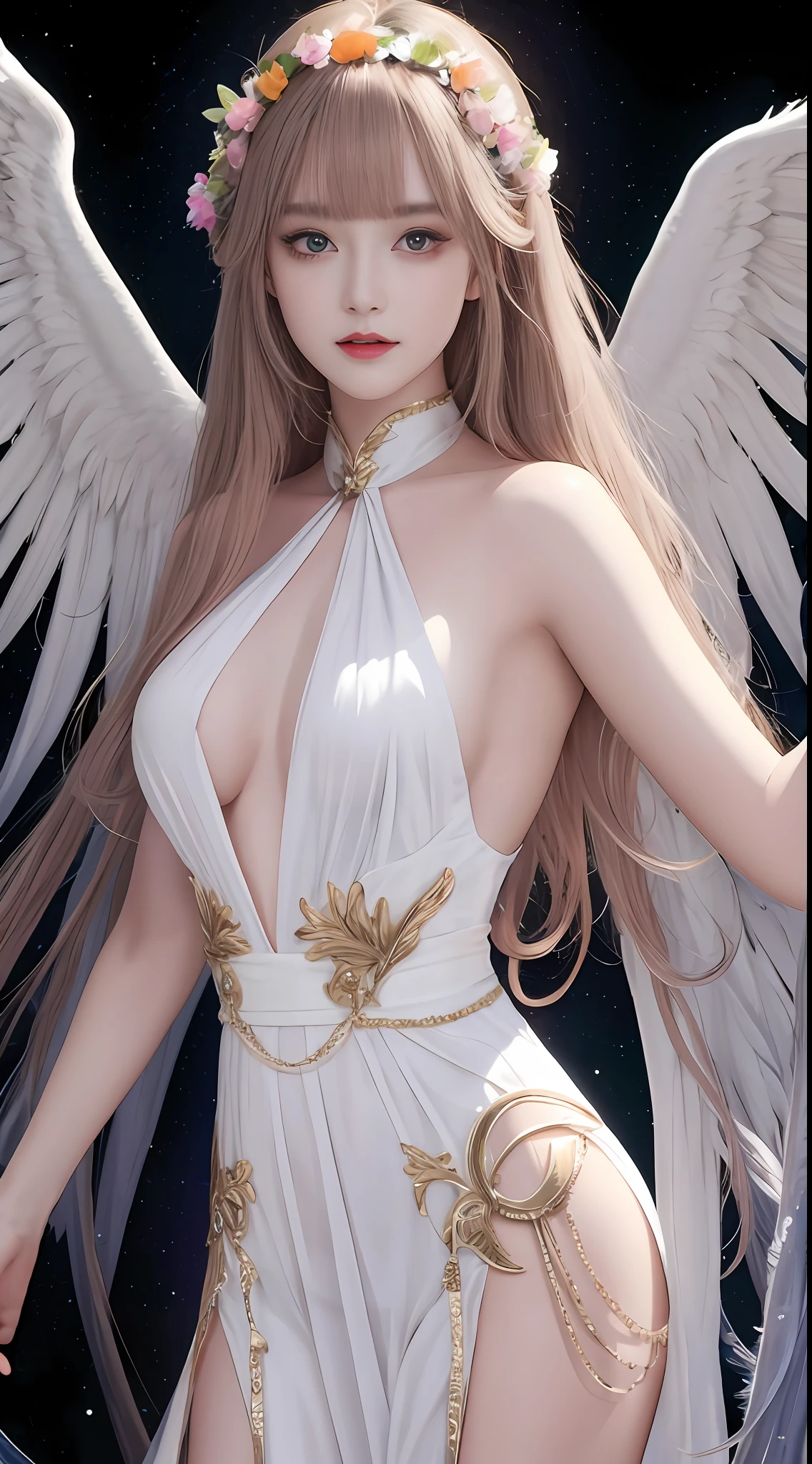 Ultra-realistic 8K CG, perfect face, perfect, clean, masterpiece, professional artwork, famous artwork, perfect face, beautiful face, beautiful eyes, rainbow cleric suit, lace, open brests, beautiful rainbow clothes, black wings, delicate pattern, fantastic pose, Fascinating, galactic space background, big moon in the back, flapping wings