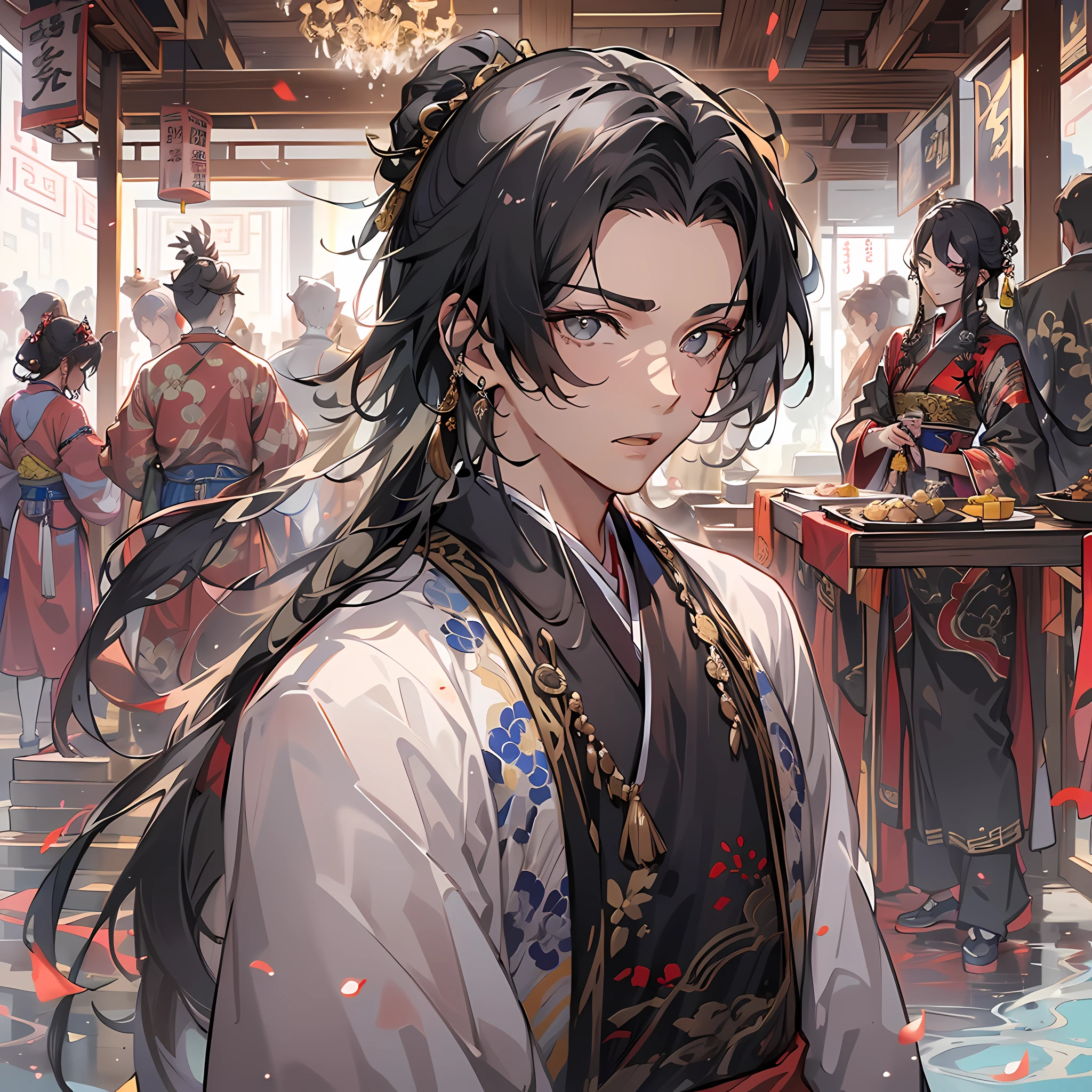 A boy with,cabelos preto e longos,Black colored eyes,Chinese costumes,Hanfu,full bodyesbian,Stand in a chalet,独奏,tmasterpiece,CG,Clear face