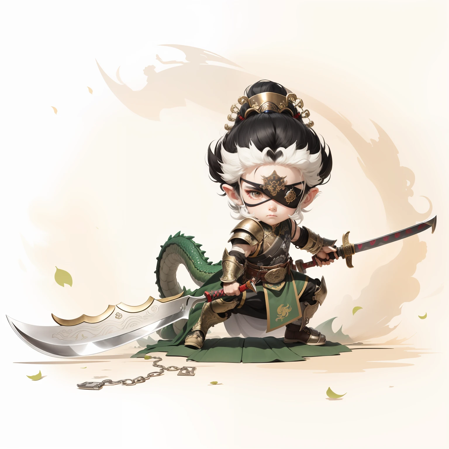 male people，Male characters，tchibi，Bad，Green Dragon Moon Knife，Big knife weapons，The handle has a delicate pattern，Shoulder blades，metal breastplate，chainmail，Animal pattern cuirass，chest plate，Bracers，Flowing hem，China-style，Chinese-style clothing，Chinese shoes，There are beautiful patterns on the weapon grips，Refinement，Fine painting，Refinement，infinite details，high definition detail，Delicate belt，Belt accessories，Male characters，Blindfolds，Black color hair，Patterned，Pattern，Blank background，Bright colors，Metal edging