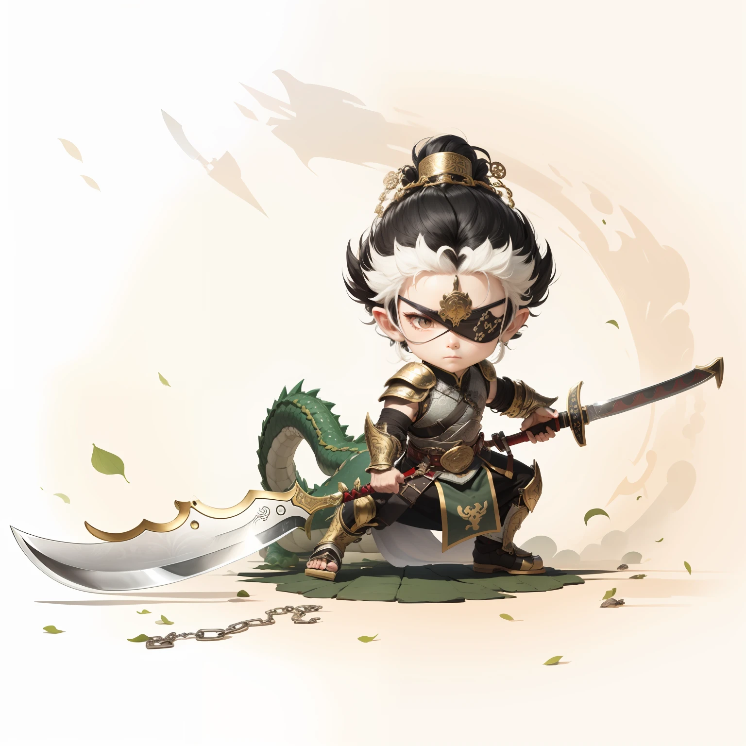 male people,Male characters,tchibi,Bad,Green Dragon Moon Knife,Big knife weapons,The handle has a delicate pattern,Shoulder blades,metal breastplate,chainmail,Animal pattern cuirass,chest plate,Bracers,Flowing hem,China-style,Chinese-style clothing,Chinese shoes,There are beautiful patterns on the weapon grips,Refinement,Fine painting,Refinement,infinite details,high definition detail,Delicate belt,Belt accessories,Male characters,Blindfolds,Black color hair,Patterned,Pattern,Blank background,Bright colors,Metal edging