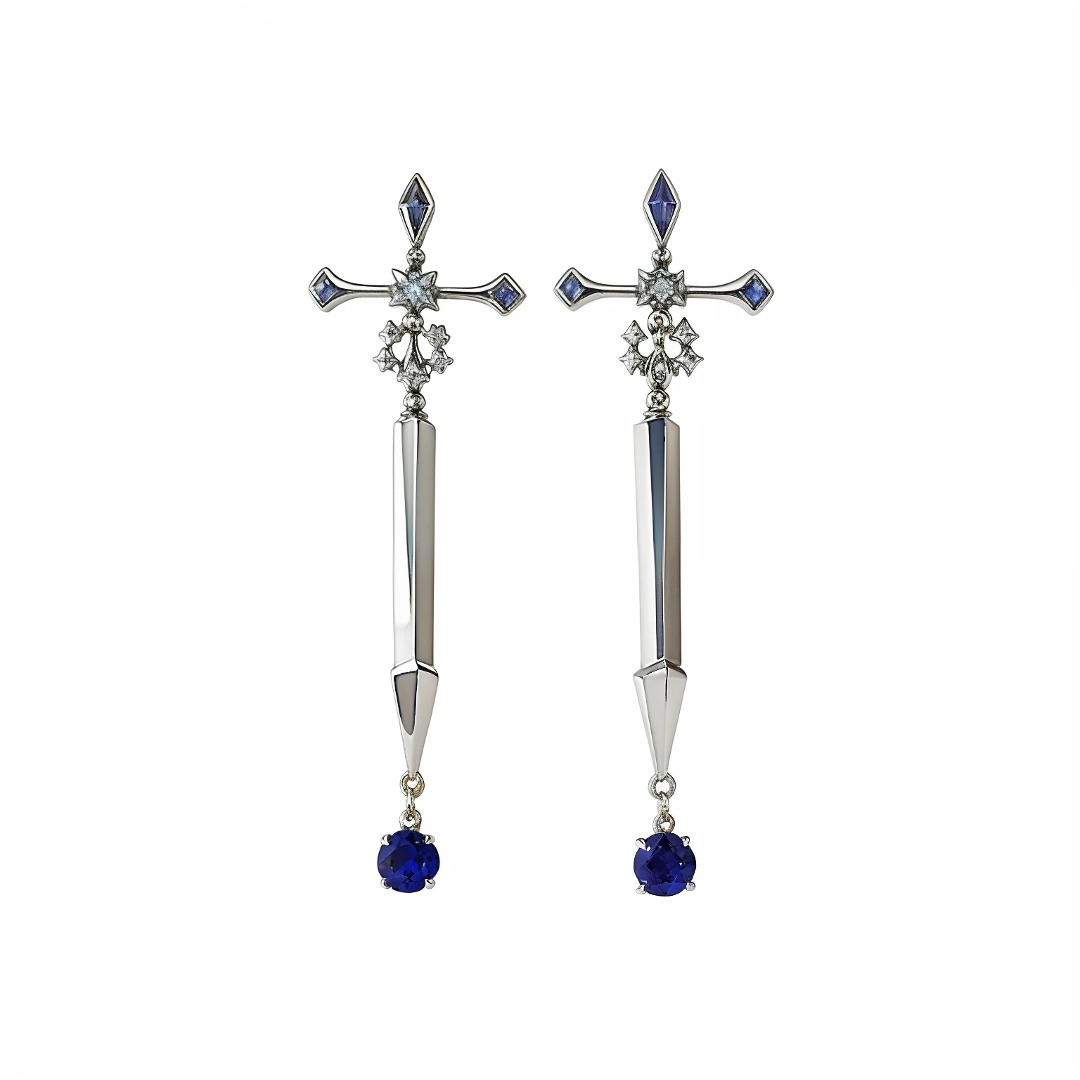 A pair of silver-blue crystal earrings,With a dagger, in style of chrome hearts, full - length view, Chrome Hearts, sapphire earrings, Long Earings, Silver earrings, Asymmetrical spires, silver and sapphire, Science fiction jewelry, obelisk, tarot swords, Chrome Cathedral, Earrings. Highly detailed, Glass obelisk, “diamonds, Swords