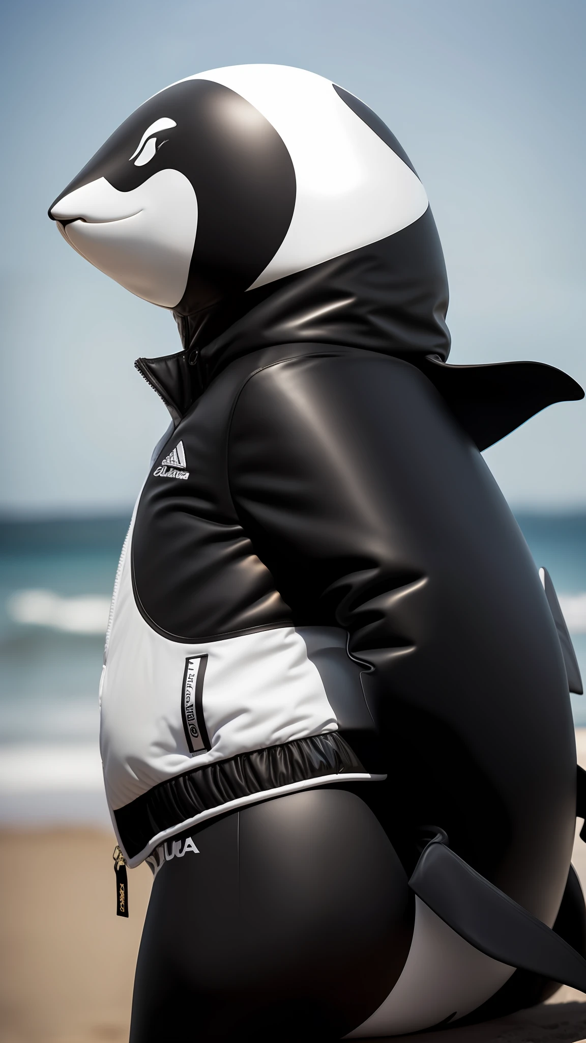 Jaqueta bombear, preto e branco, design de uma baleia orca, conceito baleia orca, com uma nadadeira igual a de uma orca na parte das costas da jaqueta, ultra realista, 8k, jaqueta bomber de luxo preta e branca.