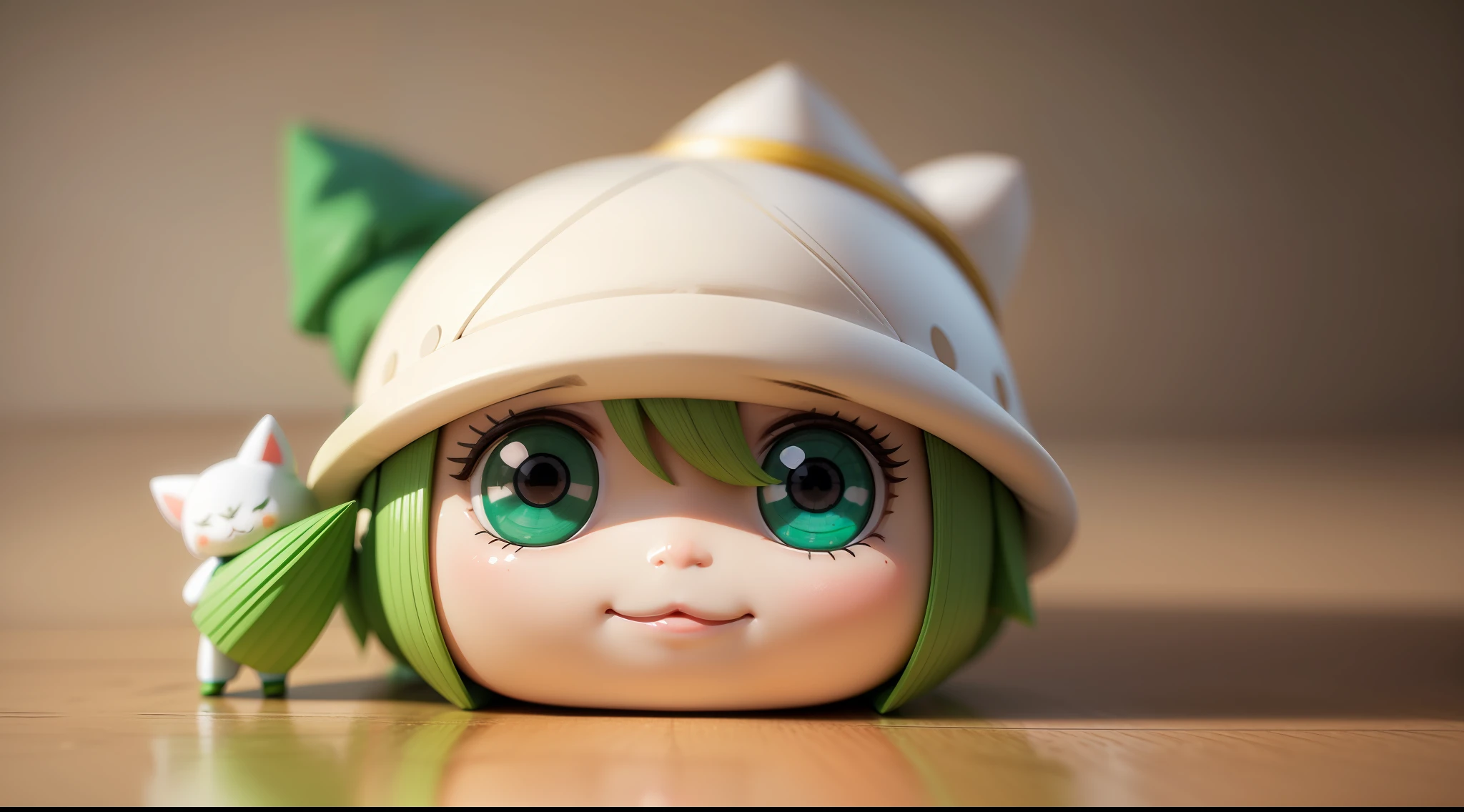 Face of a small doll with a green triangular hat),,ela esta muito alegre e sorridente,, render 3D bonito, arte digital detalhada bonito, arte digital bonito, personagem de desenho animado bonito, painting digital adorable, bonito! c4d, personagem bonito, pop japonisme 3D, (fundo branco), ultra detalhado, por Yu Zhiding, 3D model of a Japanese mascot, nendoroid 3d, criatura fofa da floresta