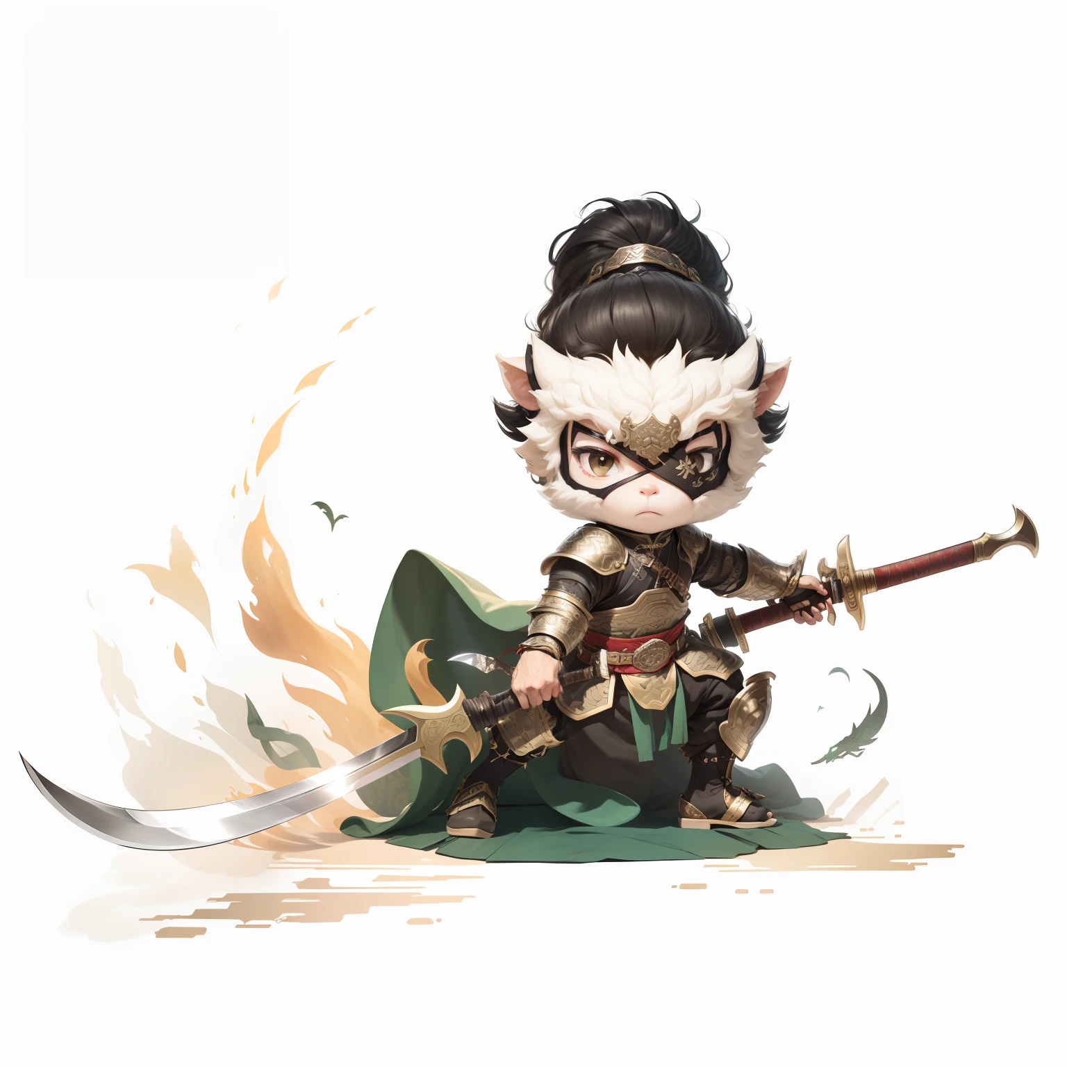 male people,Male characters,tchibi,Bad,Green Dragon Moon Knife,Big knife weapons,The handle has a delicate pattern,Shoulder blades,metal breastplate,chainmail,Animal pattern cuirass,chest plate,Bracers,Flowing hem,China-style,Chinese-style clothing,Chinese shoes,There are beautiful patterns on the weapon grips,Refinement,Fine painting,Refinement,infinite details,high definition detail,Delicate belt,Belt accessories,Male characters,Blindfolds,Black color hair,Patterned,Pattern,Blank background,Bright colors,Metal edging