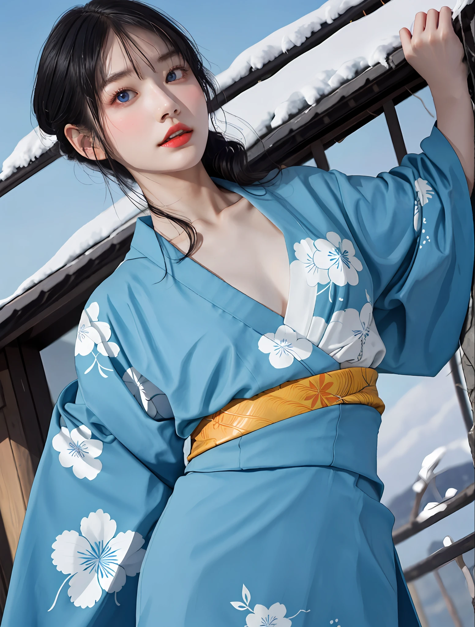 best quality, masterpiece,Black hair, blue eyes, looking up, upper body, korean girl, kimono,