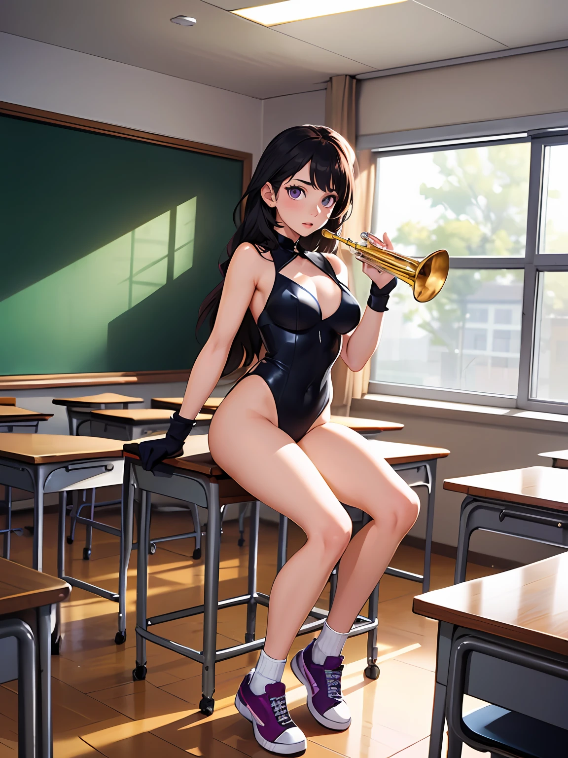 masterpiece, best quality, highres, 1girl, solo, magician, superhero, leotard, bare legs, matching shoes, gloves, looking at viewer, empty classroom, soft lighting, leotard, black hair, purple eyes, medium breasts, long hair, sitting in a chair, full body, light particles, magic, hair down, cool, holding and playing a brass musical instrument, trumpet