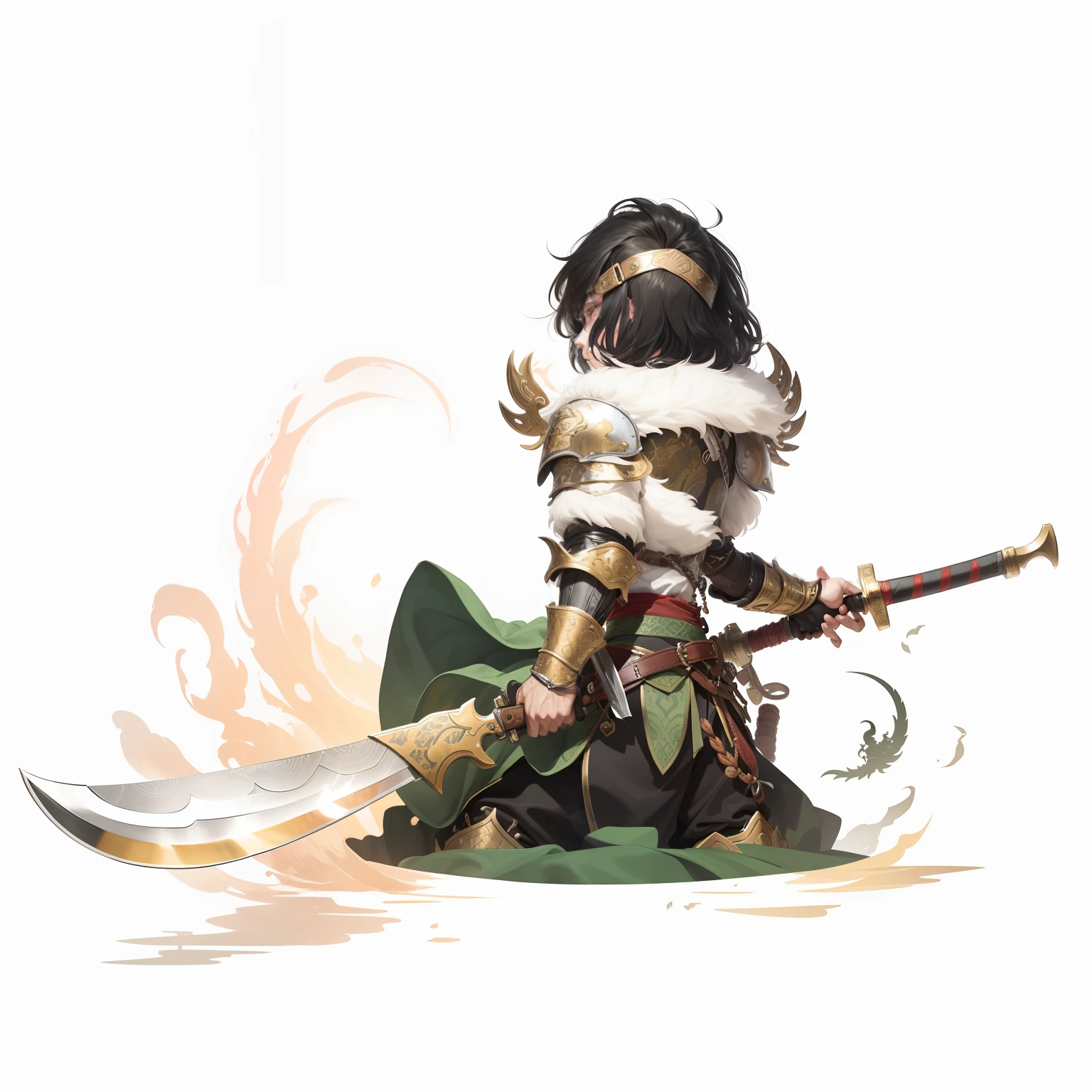 male people，Male characters，tchibi，Bad，Green Dragon Moon Knife，Big knife weapons，The handle has a delicate pattern，Shoulder blades，metal breastplate，chainmail，Animal pattern cuirass，chest plate，Bracers，Flowing hem，China-style，Chinese-style clothing，Chinese shoes，There are beautiful patterns on the weapon grips，Refinement，Fine painting，Refinement，infinite details，high definition detail，Delicate belt，Belt accessories，Male characters，Blindfolds，Black color hair，Patterned，Pattern，Blank background，Bright colors，Metal edging