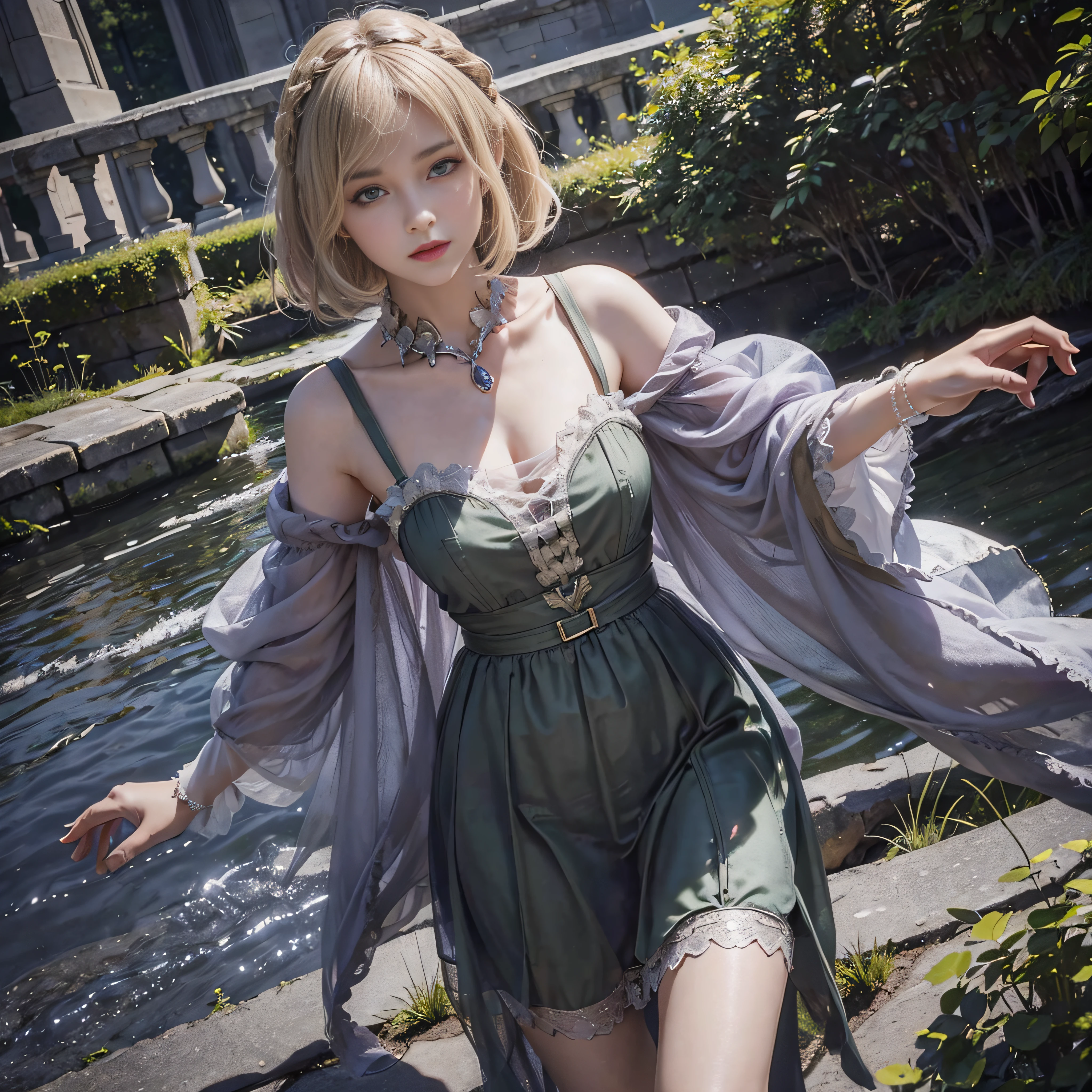 realistic, (photorealistic:1.2), masterpiece, best quality, 1girl, solo, castle in the background, night, looking at viewer, expressionless, Realistic skin details, Fair skin, 4k textures, intricate details, highly detailed, sharp focus, black pantyhose, (blonde, green eyes, bob hair)