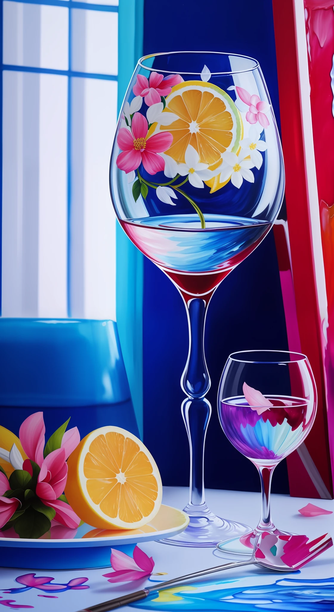 There was a glass of wine and lemon slices, paint-on-glass painting, colorful glass art, Detailed realistic painting, Realistic detailed painting, vivid and realistic colors, high detail painting, Surrealism with bright colors, painting of beautiful, Blue and pink splashes, Detailed painting 4 K, with beautiful colors, surreal glass goblets, super realistic painting style