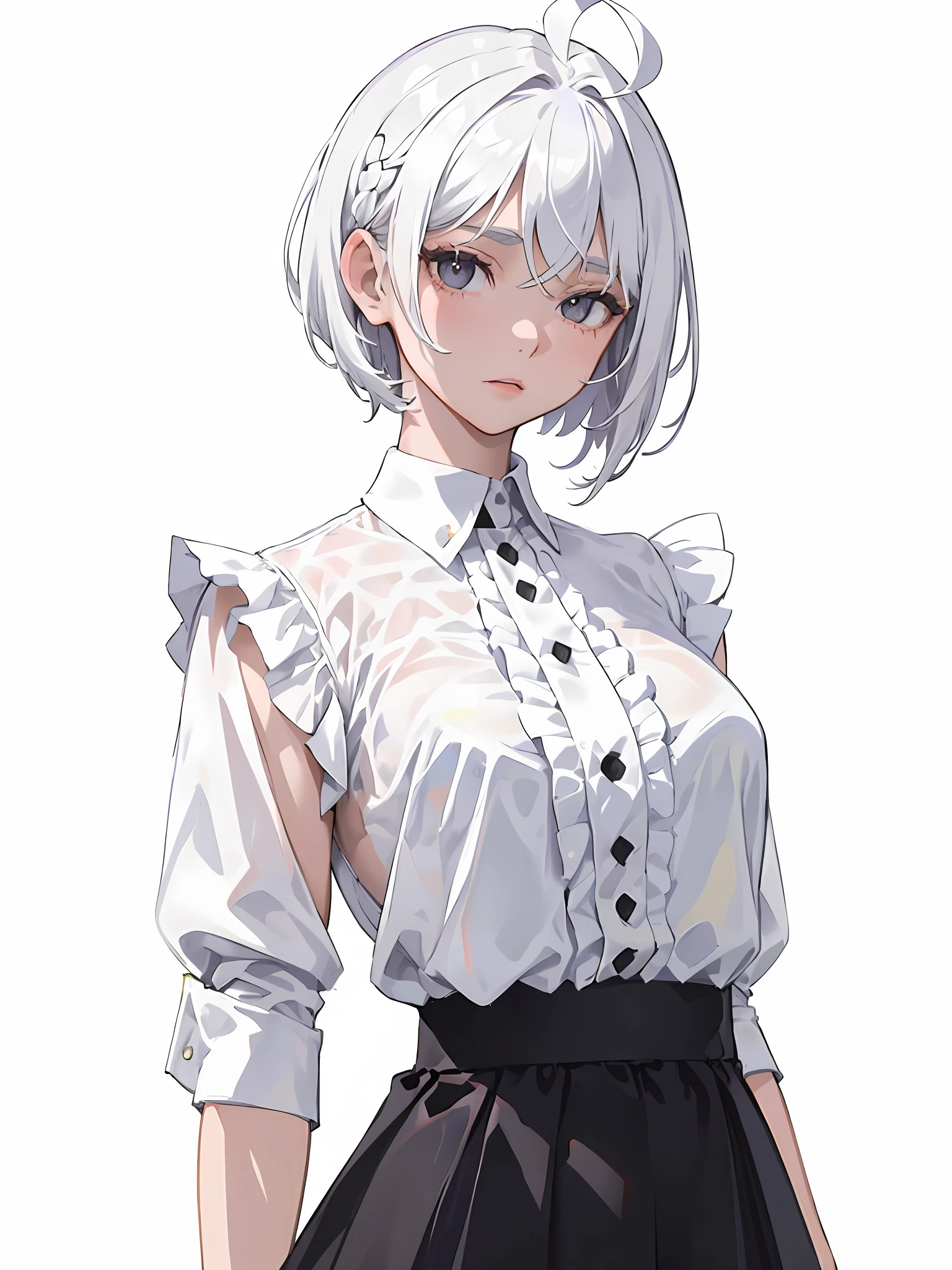 ((masterpiece, best quality)), (1girl), (solo), (female focus), (ahoge, white hair, short hair), black eyes, ((white shirt), (buttoned shirt)), ((black skirt), (short skirt)), standing, white background, arms behind back,