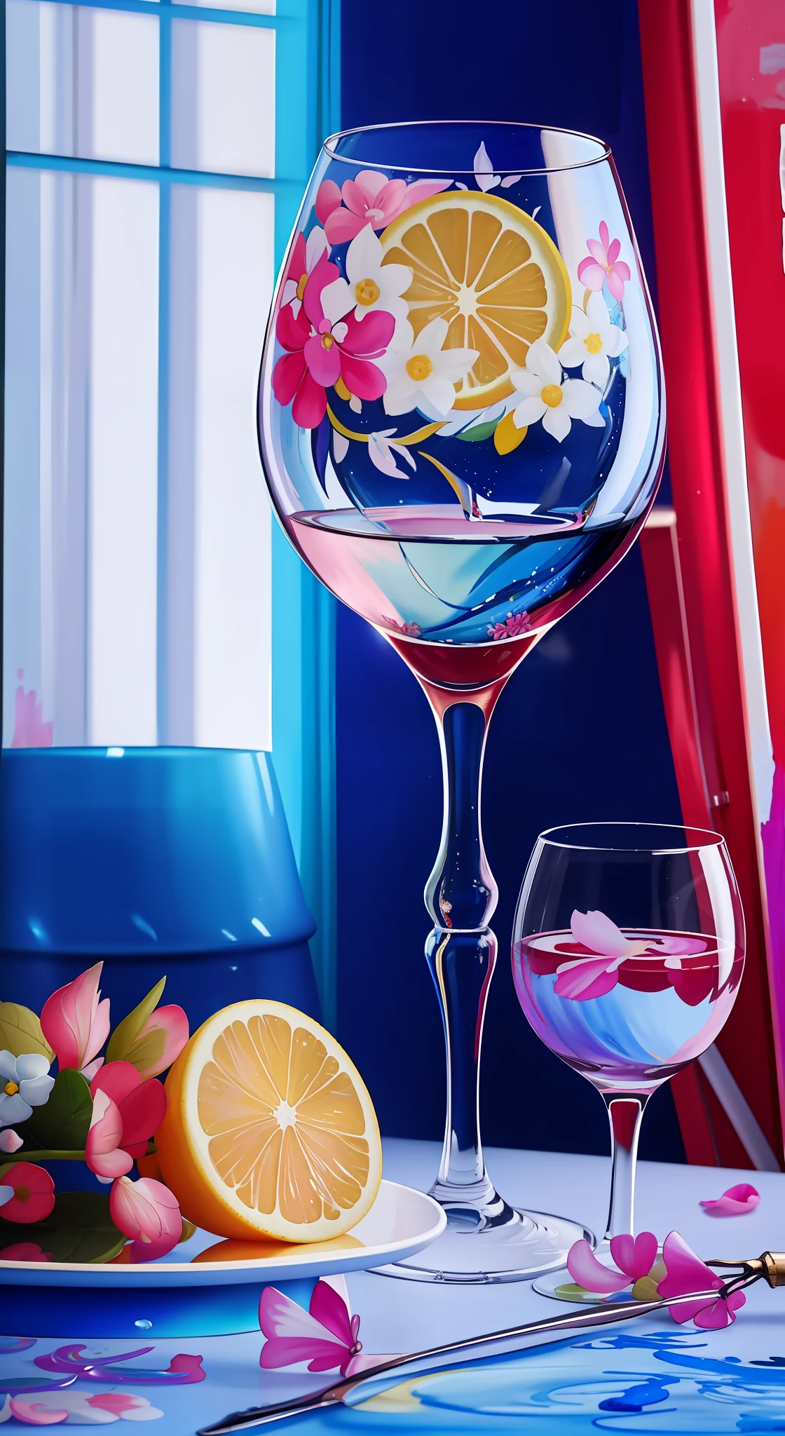 There was a glass of wine and lemon slices, paint-on-glass painting, colorful glass art, Detailed realistic painting, Realistic detailed painting, vivid and realistic colors, high detail painting, Surrealism with bright colors, painting of beautiful, Blue and pink splashes, Detailed painting 4 K, with beautiful colors, surreal glass goblets, super realistic painting style