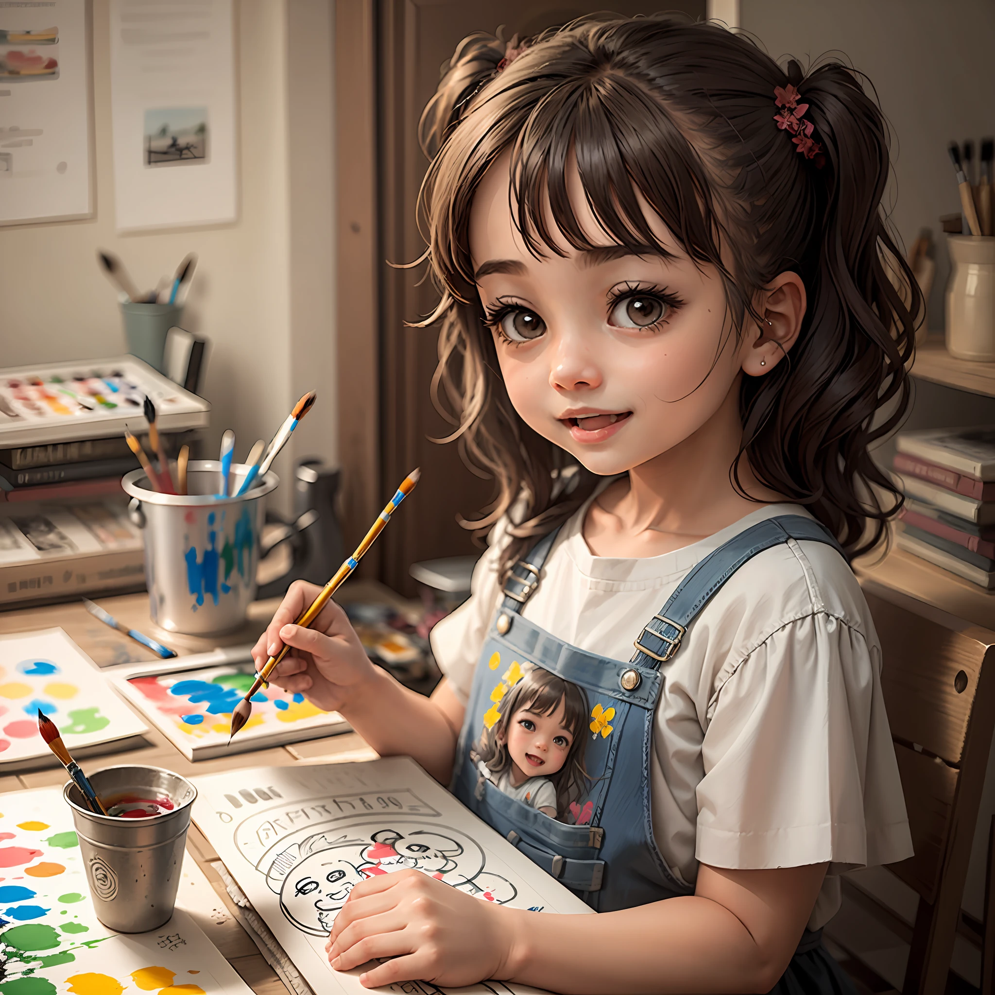 *********** with a paintbrush drawing, cute, happy expression,