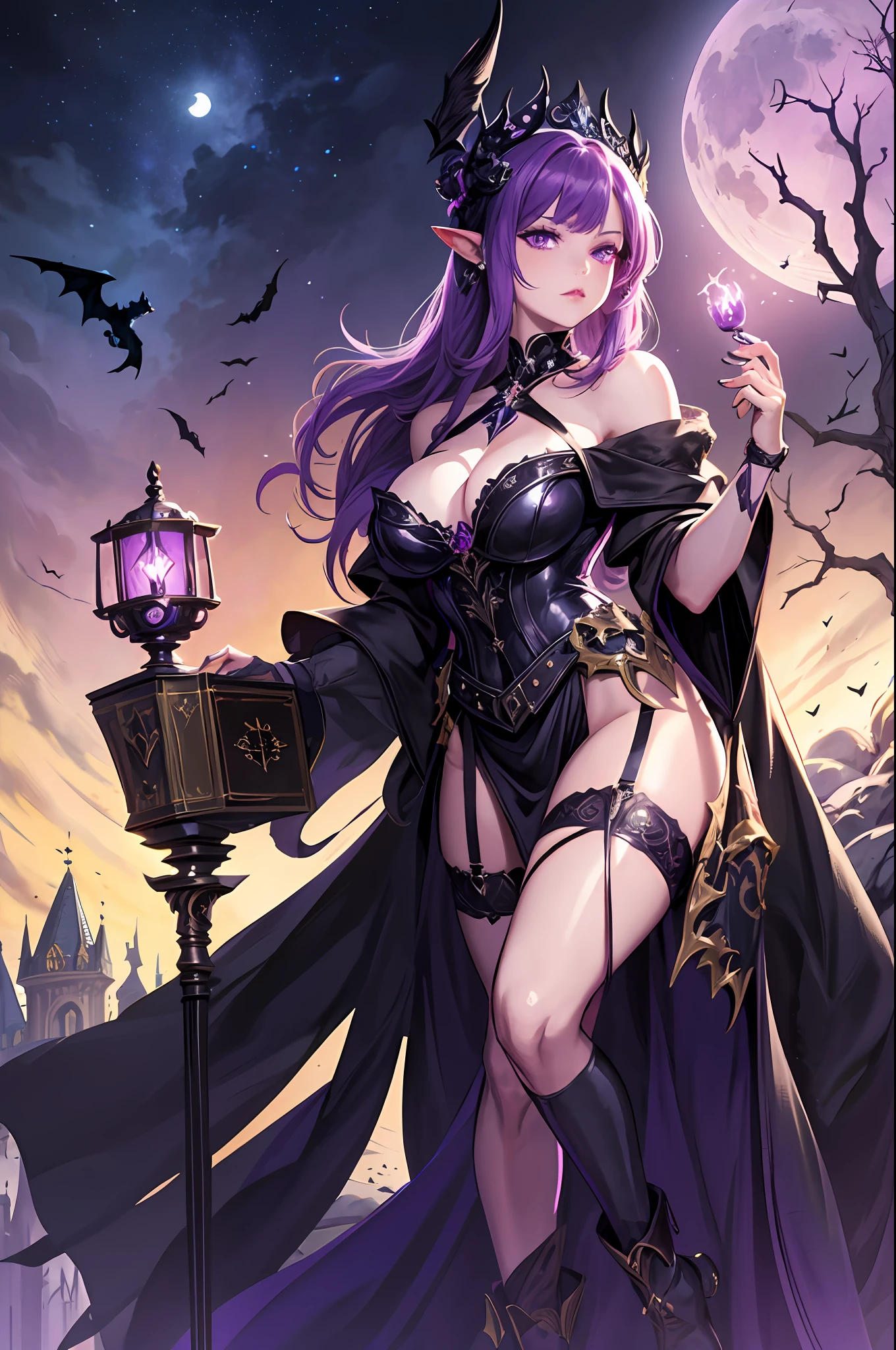fantasy , dark castle,thigh up, 1girll, Solo ,Moon, Night, the bats, Purple magic, Warlock, Black dress, upper legs, a garter belt,lantern, book, view the viewer, Unhappy,