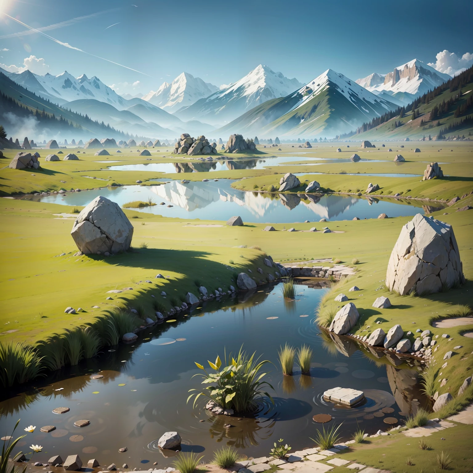 Vast grasslands,Huge stones, bits and pieces of stones are everywhere,There are also many small ponds
