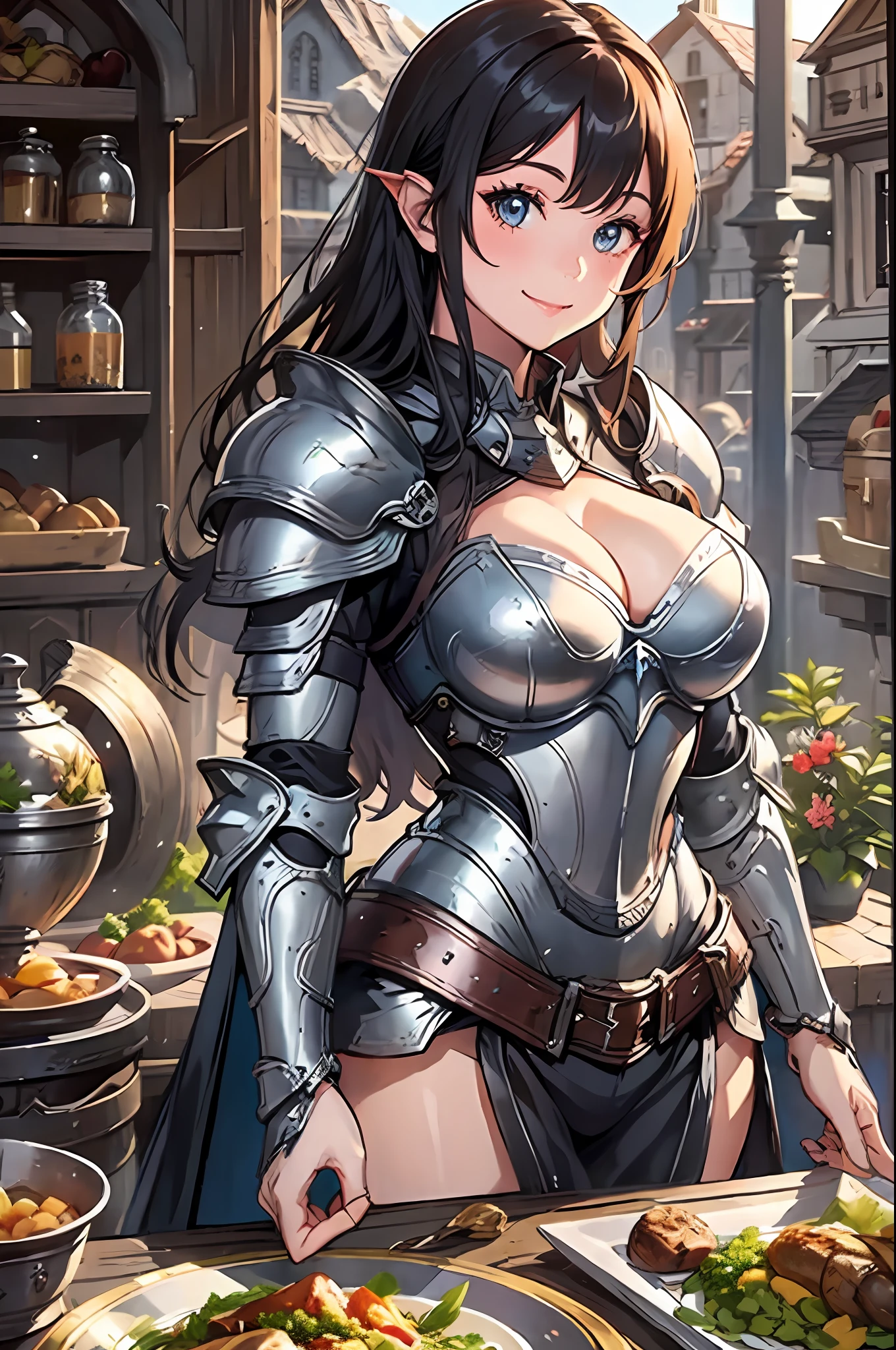 ,fantasy ,Medieval bazaar, Sunlight, 1girll, Solo ,waist-up ,Armor, Knight of Plate Armour, view the viewer,Armored dress,cleavage,Large breasts,   Holding food,Smile