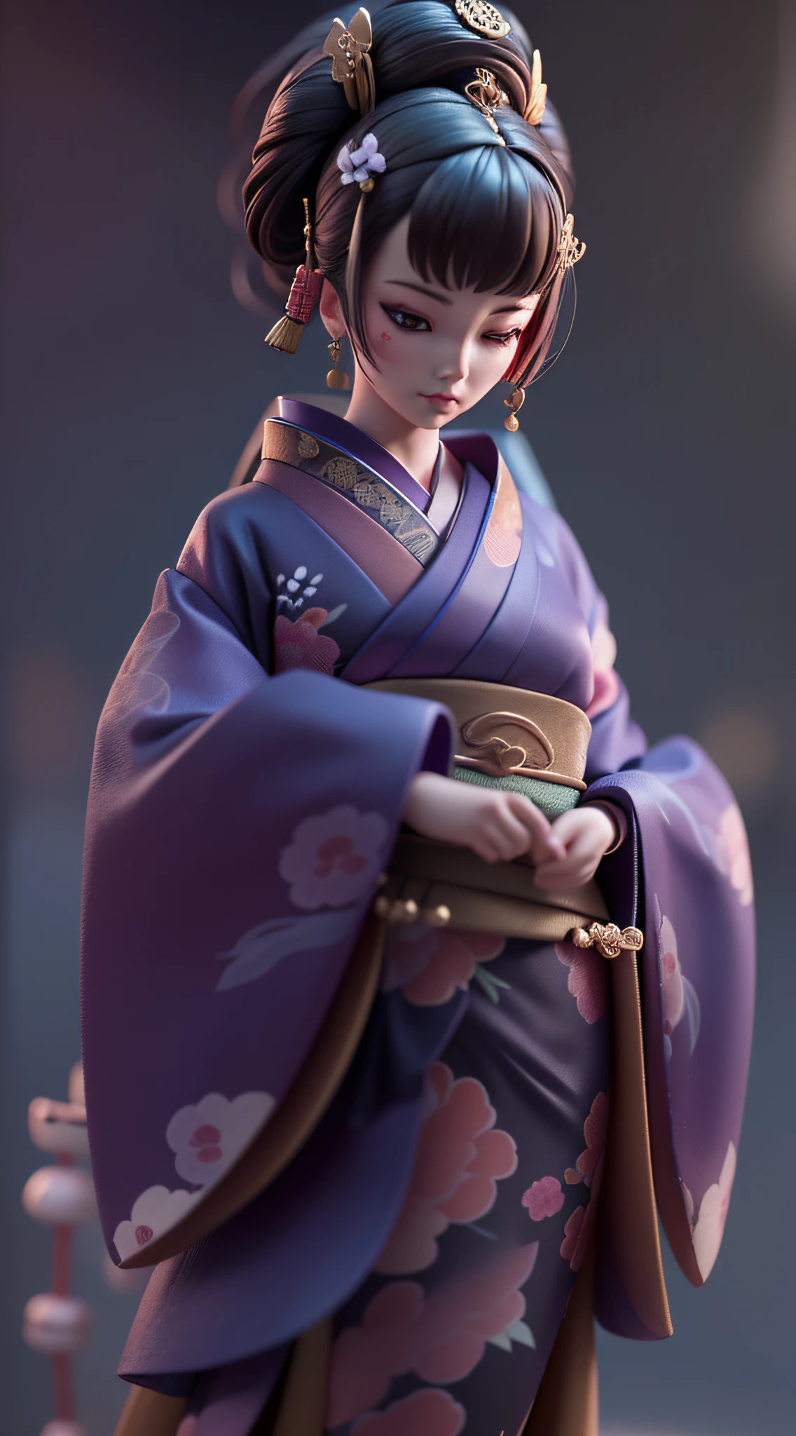 (Blind box toy style:1.2), (Full body shot) , 1 Plastic cute Japanese geisha ,Purple kimono, solo，(circular base）， Japanese geisha style, dreamy glow, Dirty, Brown undertone, Battle damage style( Global illumination, Ray traching, hdr, unreal render,reasonable design, high detal, Masterpiece, Best quality, hyper HD, Cinematic lighting)