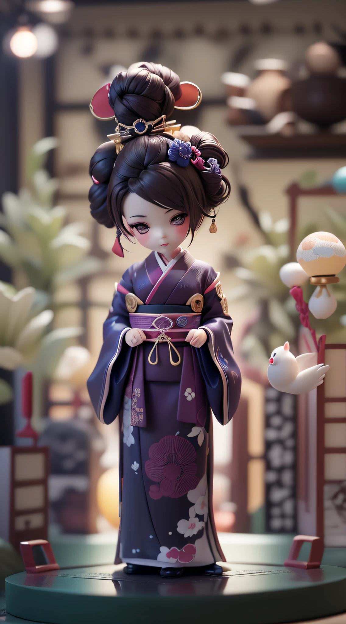 (Blind box toy style:1.2), (Full body shot) , 1 Plastic cute Japanese geisha ,Purple kimono, solo，(circular base）， Japanese geisha style, dreamy glow, Dirty, Brown undertone, Battle damage style( Global illumination, Ray traching, hdr, unreal render,reasonable design, high detal, Masterpiece, Best quality, hyper HD, Cinematic lighting)