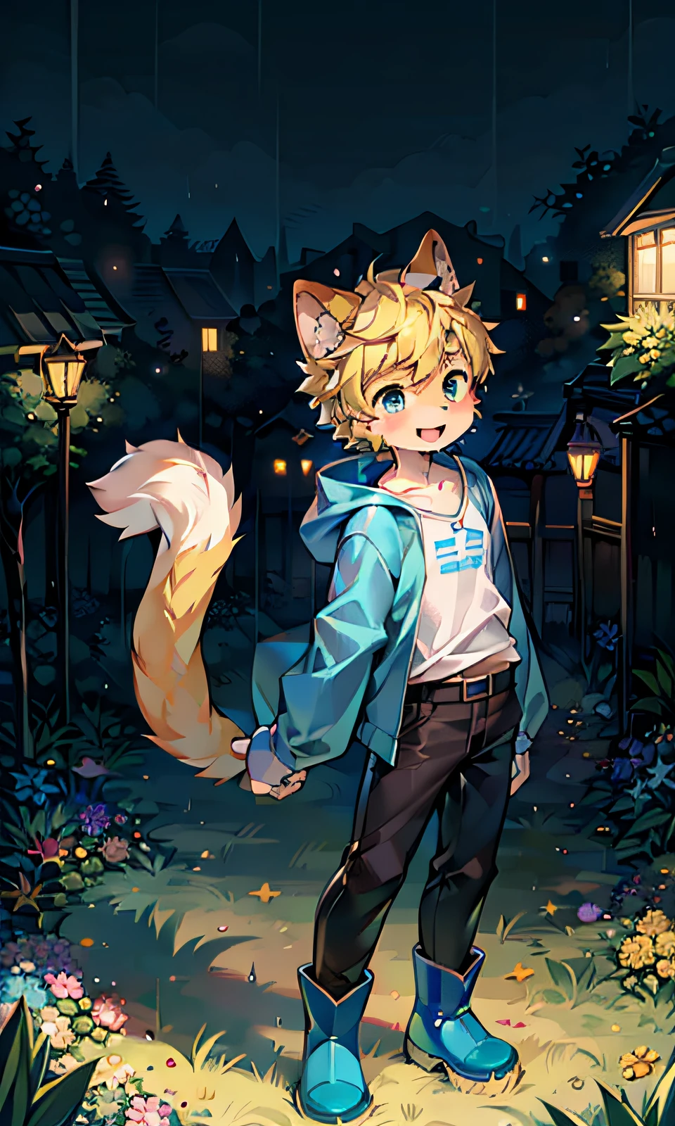 Field garden,A boy appeared wearing a shirt, a blue raincoat and black trousers,He was lovely,Has a large fluffy tail and cat ears。His short blonde hair was accompanied by a bunch of bells and headphones,Mouth slightly open,Happy play in the rain,There are no spots on him,The whole body is covered in a golden furry,Like a cute cub。He was alone,Pose in the rain,Show your entire body facing the camera。The blue rain boots he wears add a playful touch to his outfit。This lone boy is a masterpiece,Presented in high-quality portrait form。