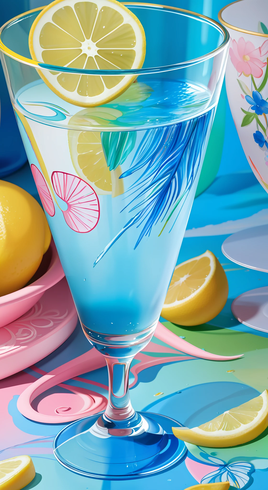 There was a glass of wine and lemon slices, paint-on-glass painting, colorful glass art, Detailed realistic painting, Realistic detailed painting, vivid and realistic colors, high detail painting, Surrealism with bright colors, painting of beautiful, Blue and pink splashes, Detailed painting 4 K, with beautiful colors, surreal glass goblets, super realistic painting style