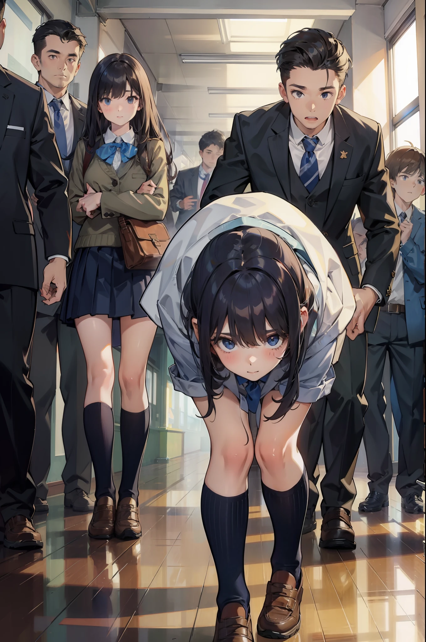 1girll, school hallway, school uniform, all  fours, Multiple boys, Boys' uniform,, Masterpiece, Best quality, Highly detailed