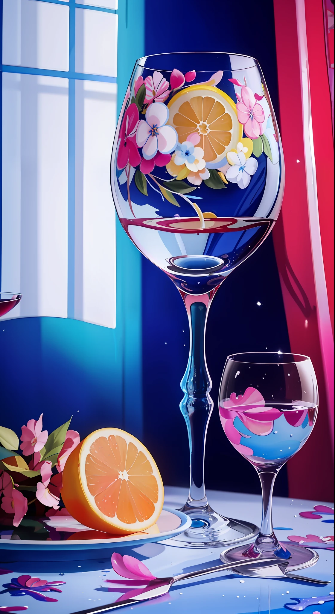 There was a glass of wine with lemon slices, paint-on-glass painting, colorful glass art, Detailed realistic painting, Realistic detailed painting, vivid and realistic colors, high detail painting, Surrealism with vivid colors, painting of beautiful, Blue and pink splashes, Detailed painting 4 K, with beautiful colors, surreal glass goblets, super realistic painting style