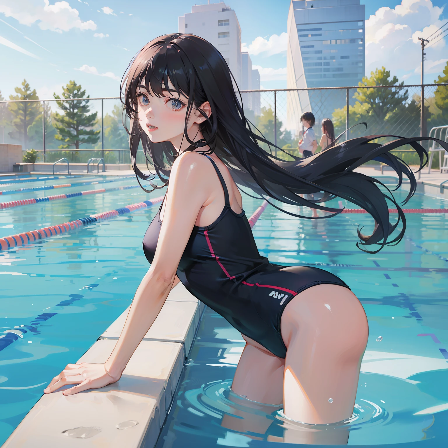 in  School pool, Long black hair woman swimming freestyle in school swimsuit .