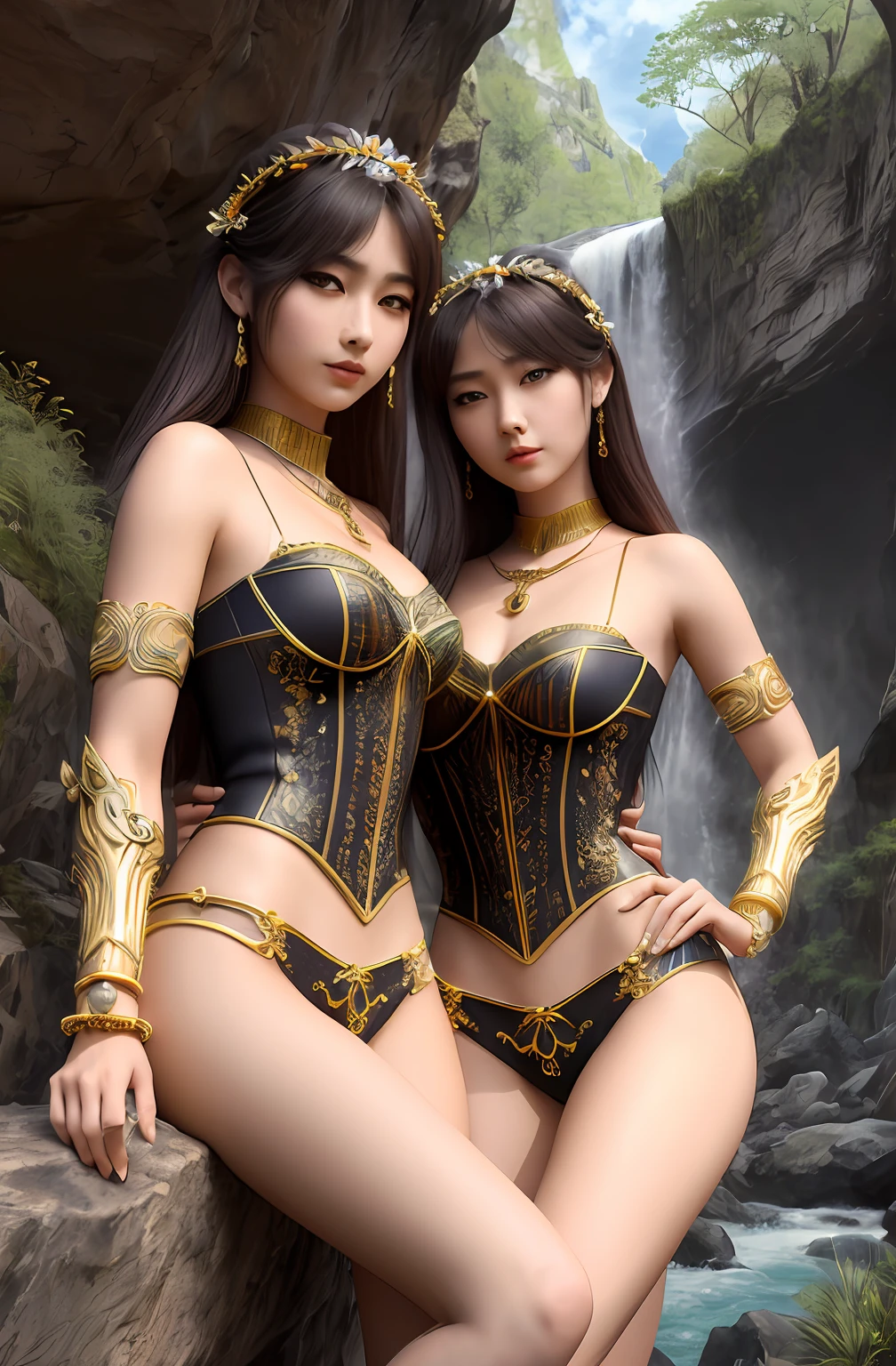 ((Realistic:1.5)),Ulzzang-6500:1.4,((Best quality)), ((Masterpiece)),((Detailed)),2girls,duo,{2 beautiful women}, (Upper body:1.3),Hug and touch each other, Tease your friend's waist, Breathless friends, Biting a friend's earlobe, crouched,super wide shot,Face focus, Long legs,Curvy, Barefoot,Wide hips, Thin legs, Oversized eyes,Long eyelashes, (Detailed face,beautidful eyes, detailedpupils,detailed clothes features, Clear background:1.3), (armlets, bangle:1.3), Mysterious ancient ruins, floresta exuberante, Deep canyon,bridge,River,cliff,Cloud,lakes,Rock music,Waterfalls, Flowers, Grass,grape trees,tree,bright detail,Sharp,Perfect compounding, Intricate, Sharp focus, Dramatic,