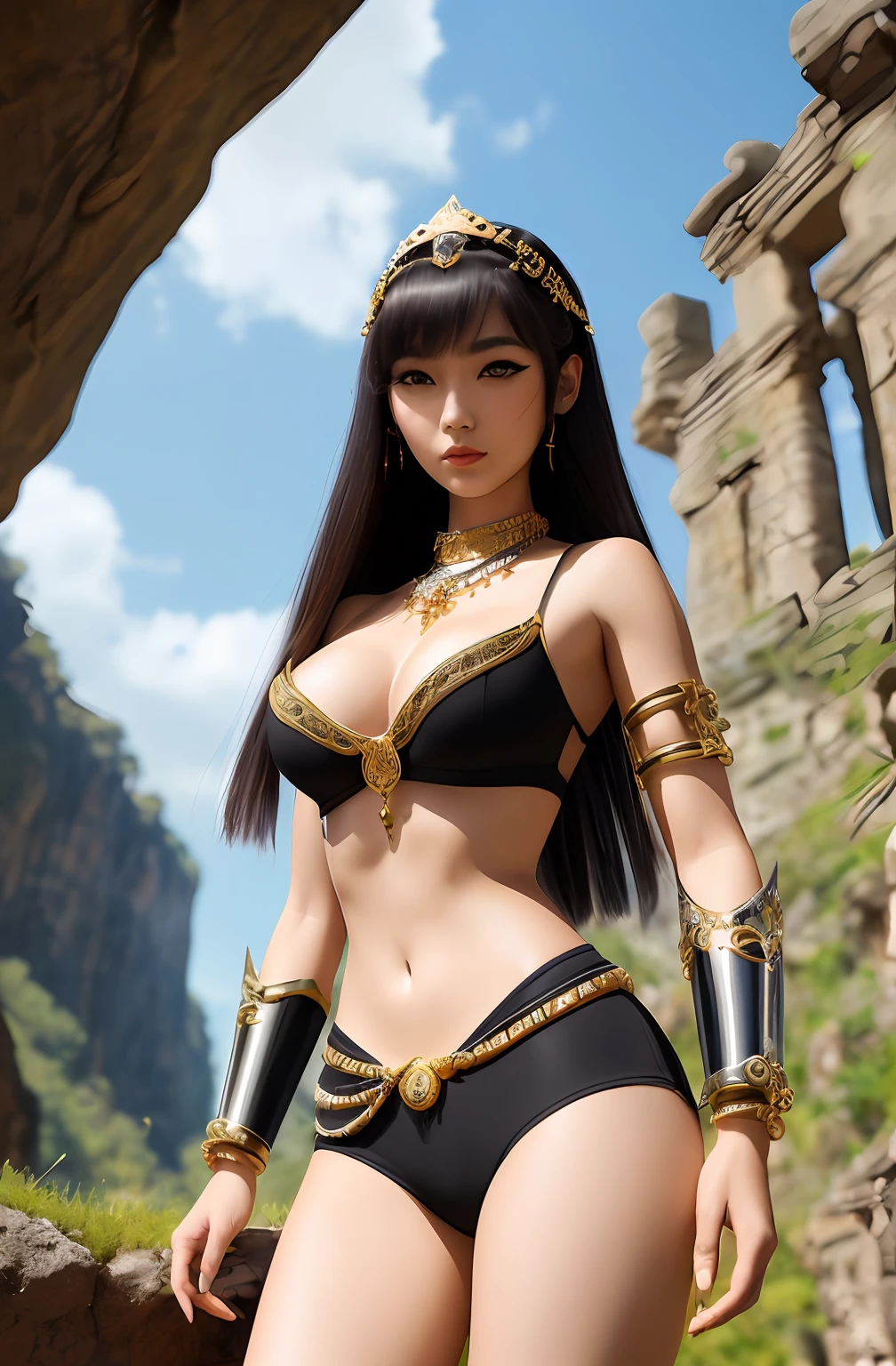 ((Realistic:1.5)),Ulzzang-6500:1.4,((Best quality)), ((Masterpiece)),((Detailed)),2girls,duo,{2 beautiful women}, (Upper body:1.3),Hug and touch each other, Tease your friend's waist, Breathless friends, Biting a friend's earlobe, crouched,super wide shot,Face focus, Long legs,Curvy, Barefoot,Wide hips, Thin legs, Oversized eyes,Long eyelashes, (Detailed face,beautidful eyes, detailedpupils,detailed clothes features, Clear background:1.3), (armlets, bangle:1.3), Mysterious ancient ruins, floresta exuberante, Deep canyon,bridge,River,cliff,Cloud,lakes,Rock music,Waterfalls, Flowers, Grass,grape trees,tree,bright detail,Sharp,Perfect compounding, Intricate, Sharp focus, Dramatic,