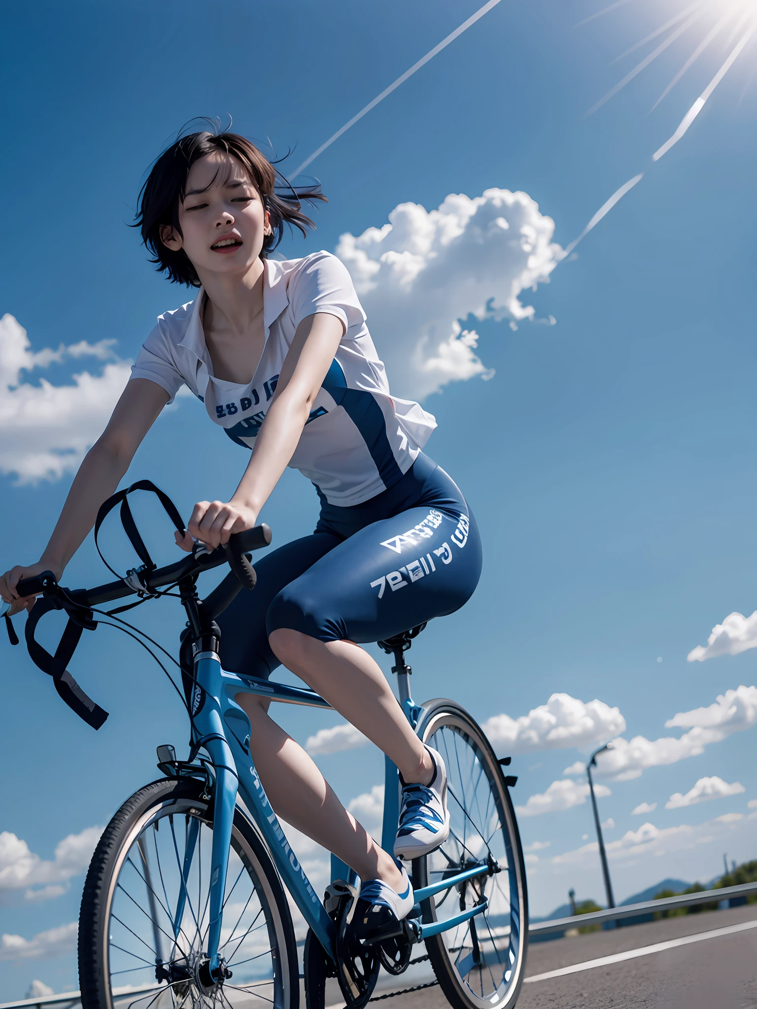 Woman riding a bike on the road with the sun shining behind her - SeaArt AI
