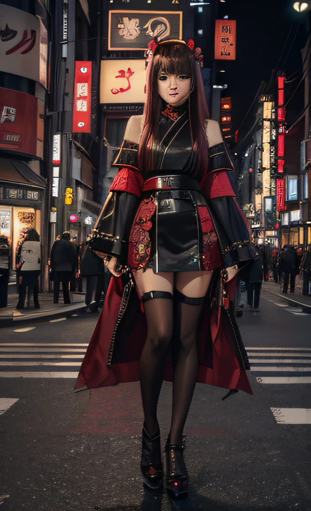 1girl, Tokyo Street, Night, Cityscape, City Lights, Full Body, Close-up, 8k, RAW Photo, Best Quality, Masterpiece, Realism, Realism, Red Rose Headdress, Split Bangs, Long Hair,