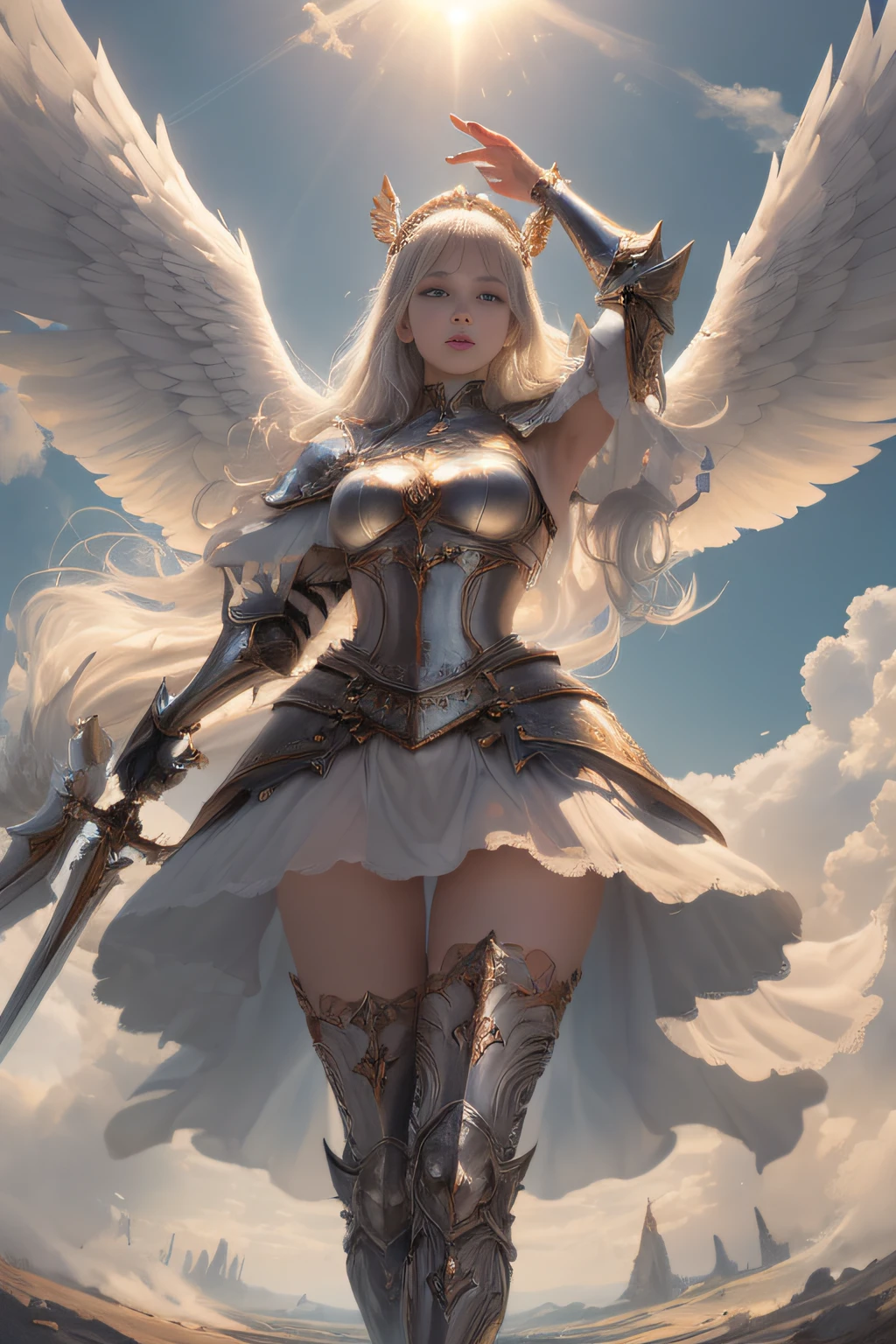 ((masterpiece, ultra detailed)), illustration, 1girl, solo, wings, angel, angel wings,white hair, blue eyes, seductive, goddess, (stunningly beautiful), medium breasts, beautiful face, beautiful eyes, hovering on the air, fit, abs, knee boots, stockings, elbow length gloves, elbow gloves, bodysuit, hair ornament, dark theme, volumetric lighting, godrays, dramatic cinematic lighting, dark lighting, (ornate), intricate, digital art, hyper realistic, rendered by octane, trending on artstation, award winning, fascinating, elegant, RAW photo, 8k uhd, from below, close-up,(full body),from below,backlighting, god rays,female,((Under the sun,under the sky,Slim legs)),torogao,giant sword encrusted with precious stones,Luminous sword,mix4,jewelry,wings,valkyrie,priestess,paladin,knight,angel,valkyrie armor,angel wings,winged helmet,winged headgear,priestess clothes,Sapphire decoration