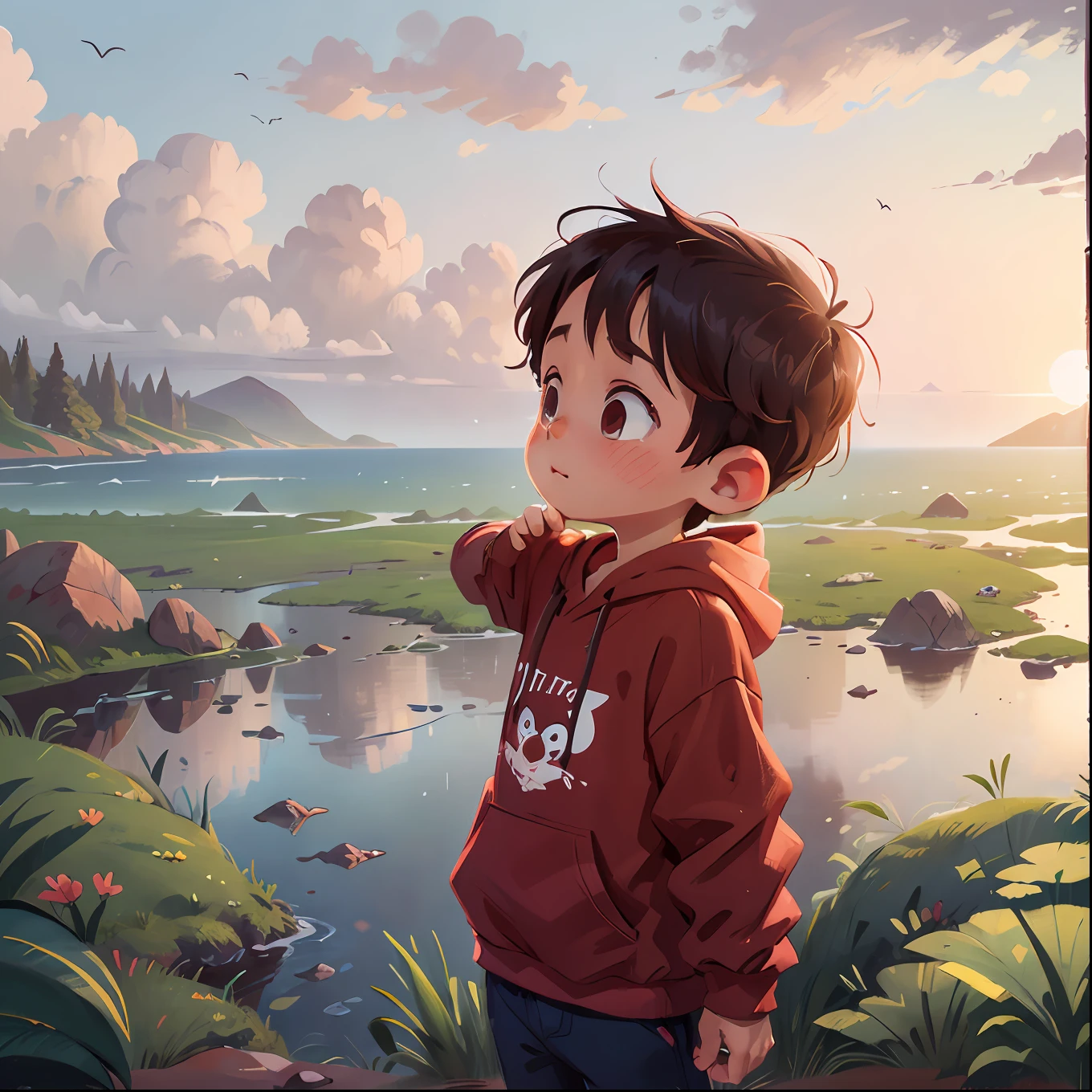 A little boy in a red sweatshirt looks at the horizon，Exciting adventures