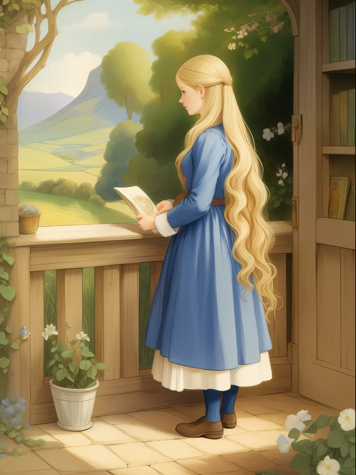 woman, long wavy hair, blonde hair, by Beatrix Potter, painting, illustration, children’s books