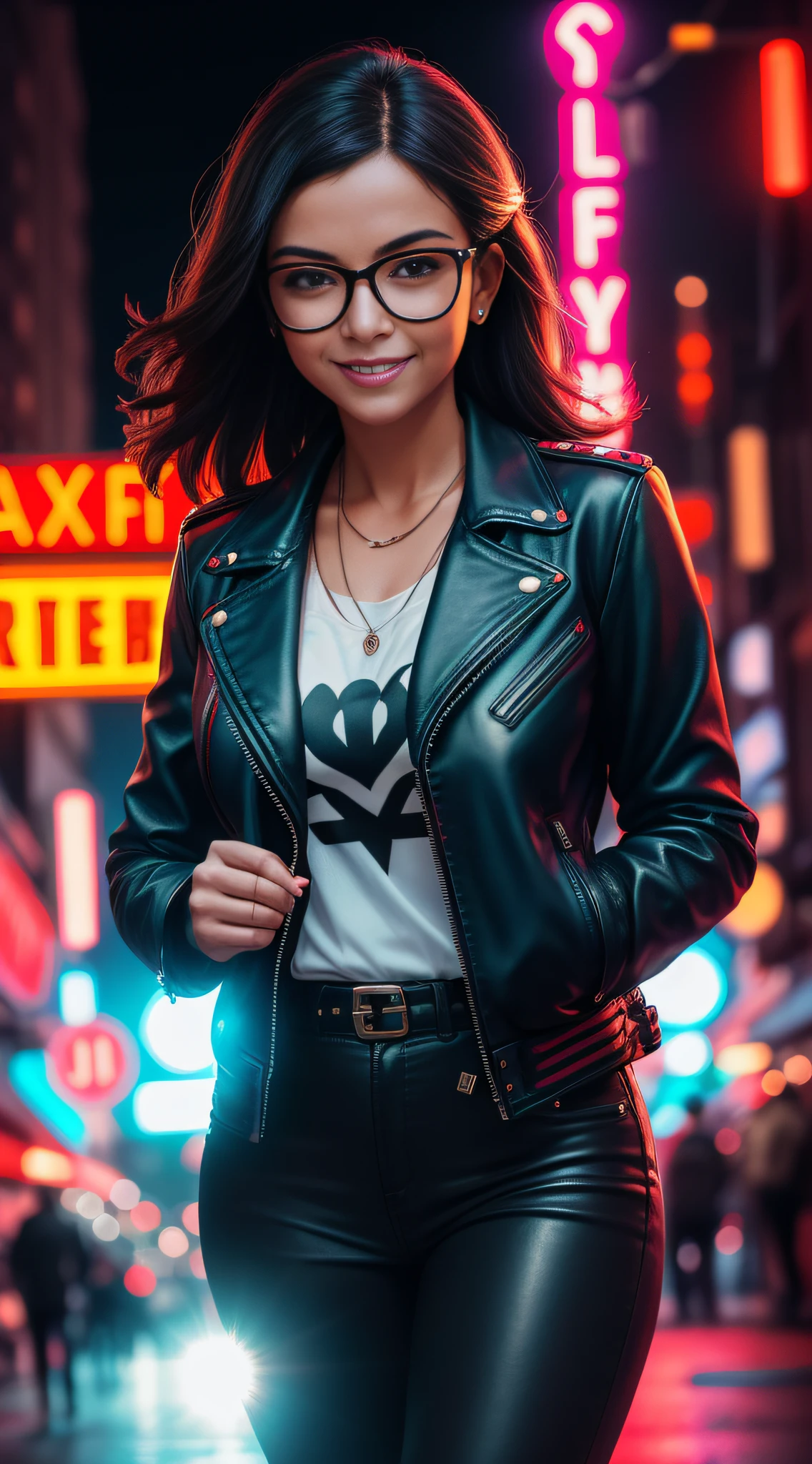 A araffe woman in a leather jacket with a red glasses, light smile and a city behind her, in the style of neon realism, charming characters, action paintings, BLUE neon, LIGHTS on, depht-of-field, bokeh, (frontlighting:1.2), (backlighting:0.75), (fill light:0.9), bloom, (lens flare:1.2), colorful street scenes, best quality,