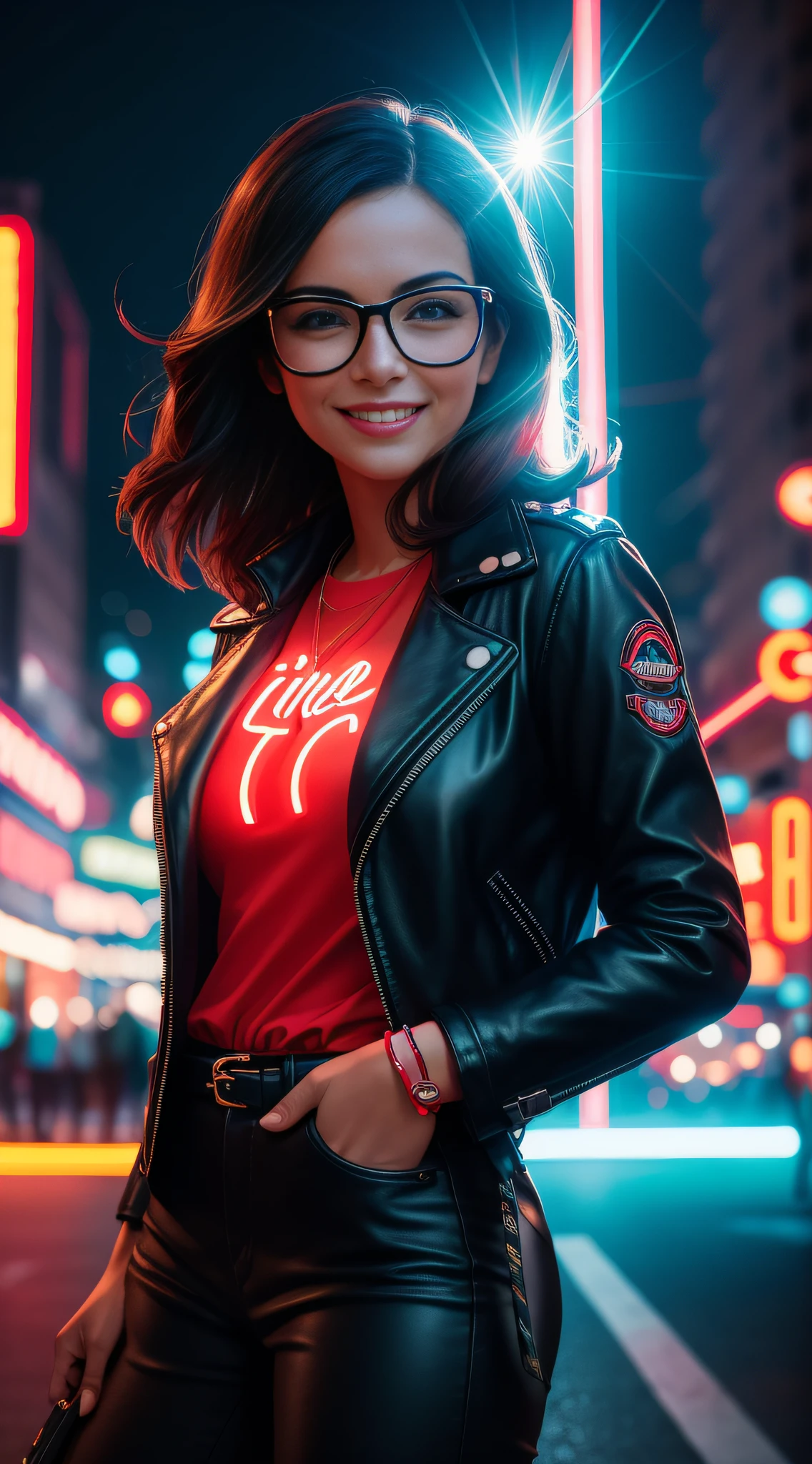 A araffe woman in a leather jacket with a red glasses, light smile and a city behind her, in the style of neon realism, charming characters, action paintings, BLUE neon, LIGHTS on, depht-of-field, bokeh, (frontlighting:1.2), (backlighting:0.75), (fill light:0.9), bloom, (lens flare:1.2), colorful street scenes, best quality,