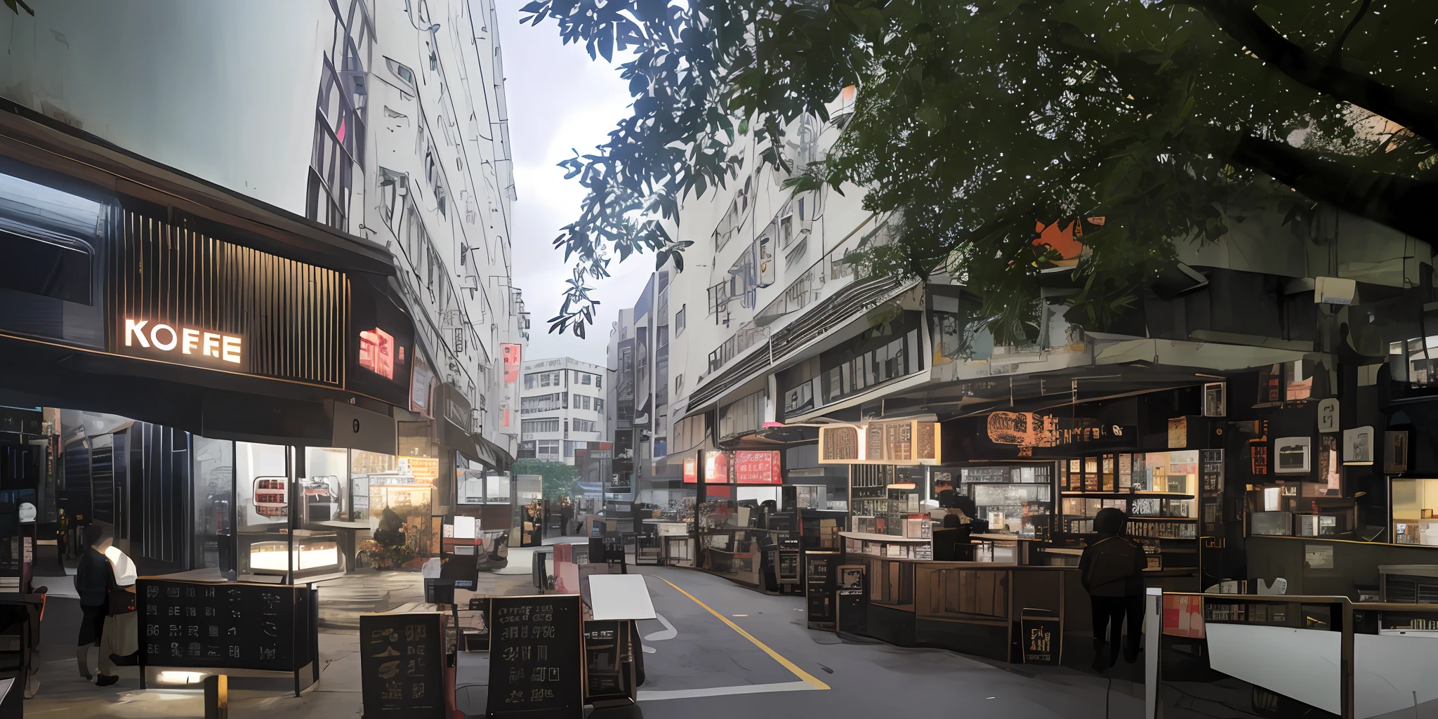 street of hong kong,Riman,cafe shop,neonlight,Self-deconstruction,neon futurism,hyperrealistic surrealism,dream-state,An award-winning masterpiece with incredible detail,Threshold space,The is very detailed,Cleveland, Ohio,cinematic ligh,edge lit,rendering by octane,wvebg1,bganidusk