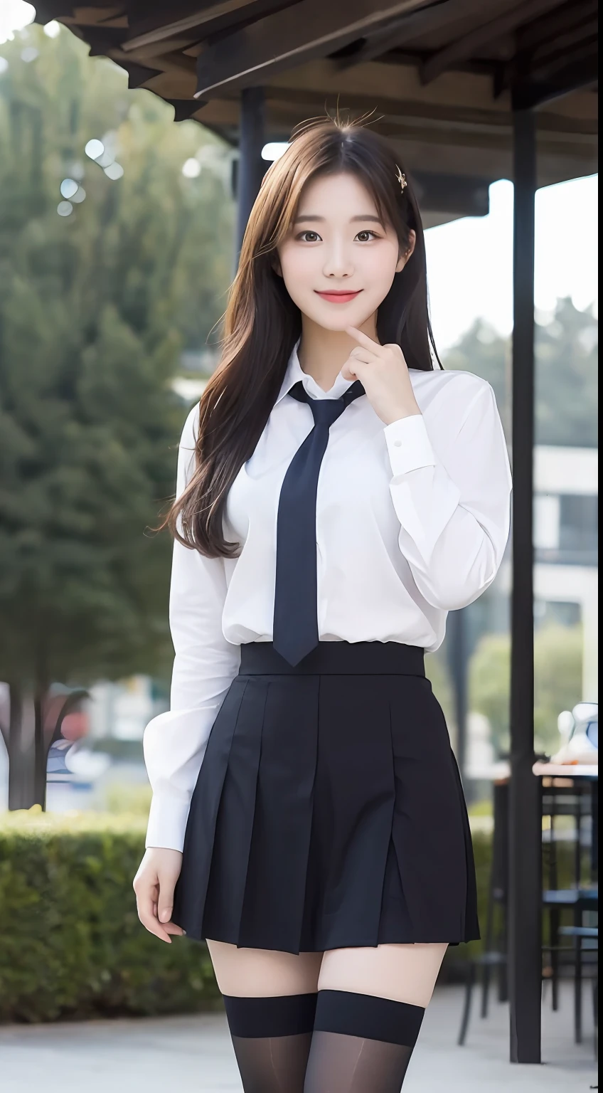 (1 Korean star with royal sister style), ((Best quality, 8K, 巨作: 1.3)), focal point: 1.2, Perfect body proportions: 1.4, (Make a smile), (Ray traching),Watery eyes, Highly Detailed Face and Skin Textur, Fine eyes, Double eyelids, Whitens the skin, (Black long straight: 1.3), (face round: 1.5), (JK school uniform: 1.4), (Lace view: 1.6),(Black over-the-knee stockings: 1.4),(JK style:1.4),(Extremely perfect legs)Realiy