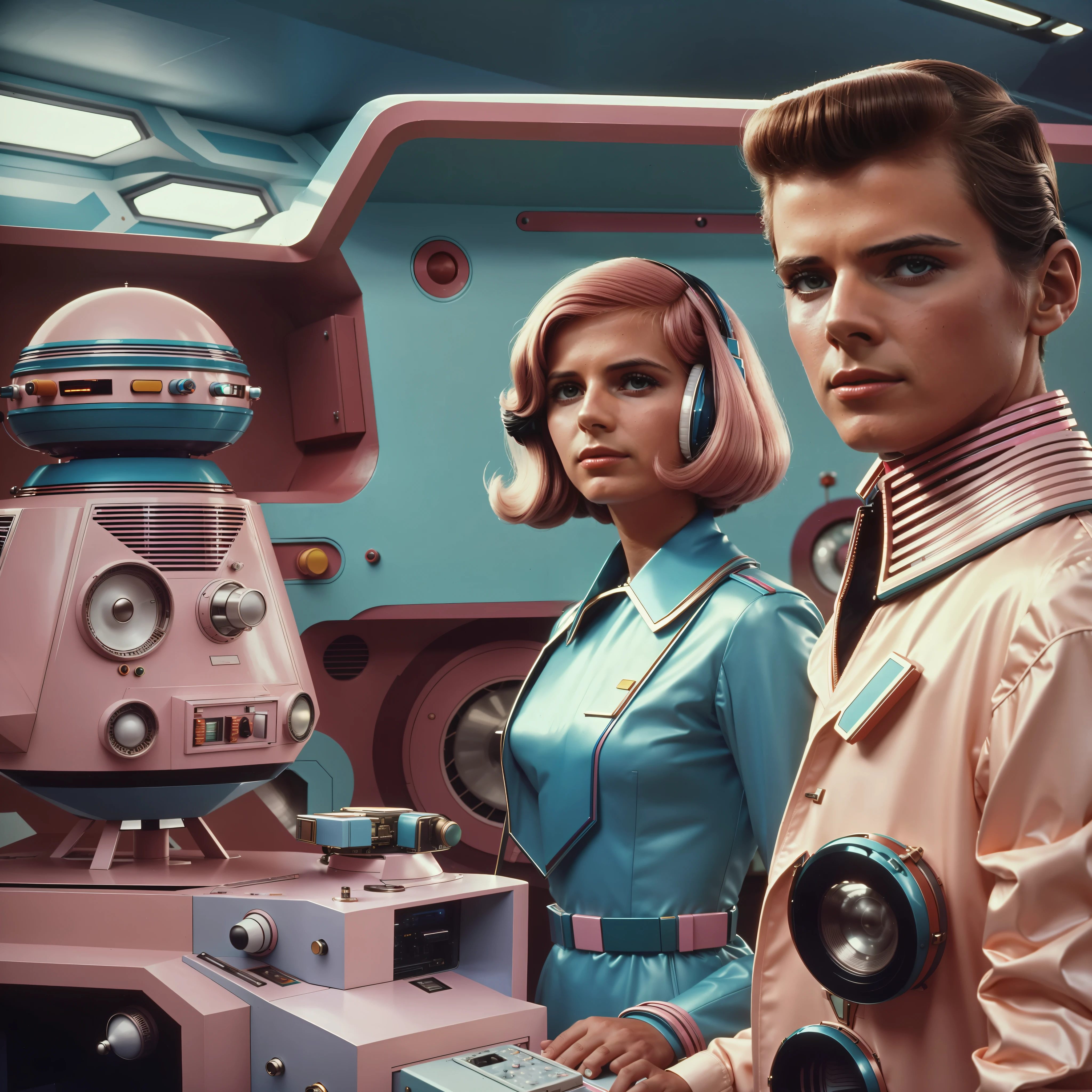 4k image from a 1970s science fiction film, imagem real, Estilo Wes Anderson, pastels colors, a man between two women wearing retro-futuristic fashion clothes and futuristic technological ornaments and devices, Luz Natural, cinemactic, Psicodelia, futurista estranho, retro-futurista,