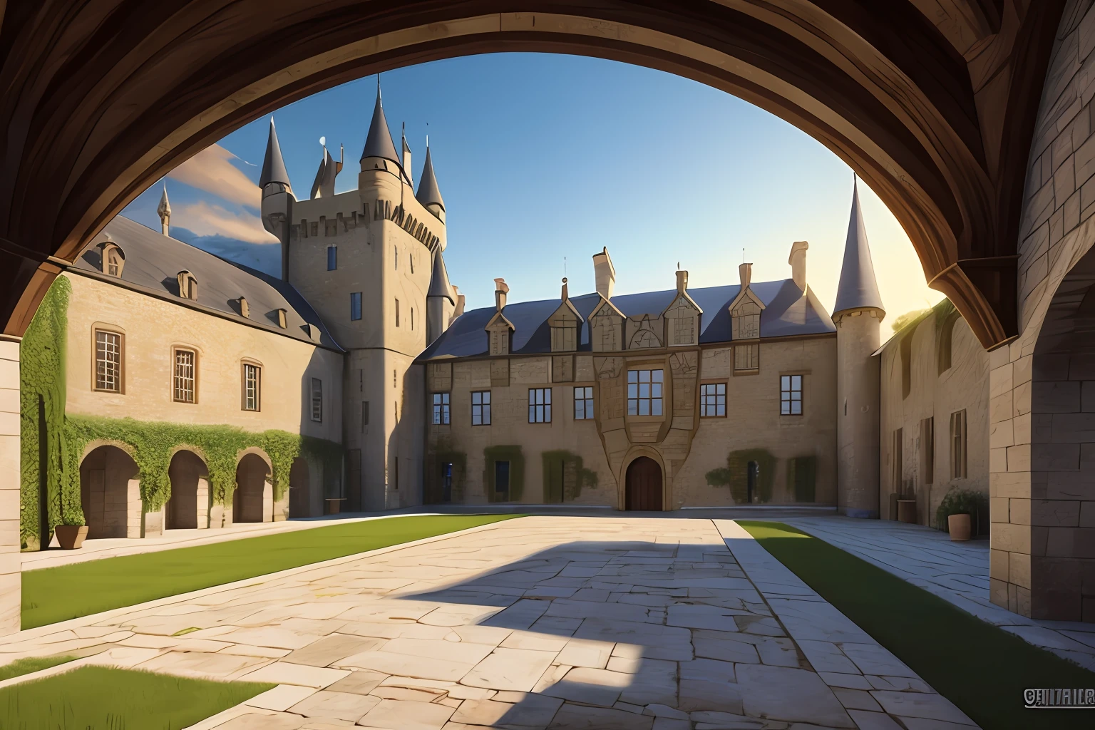 masterpiece, Highly detailed, super realistic,detailed background, bright Lighting, Daylight, medieval style,(The Castle Courtyard),