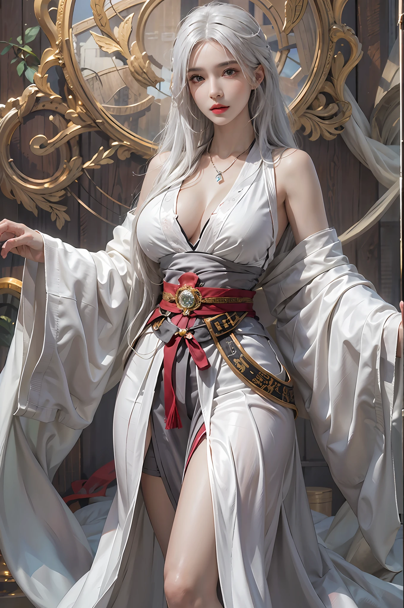 Photorealistic, high resolution, 1womanl, Solo, huge tit,Hips up, view the viewer, (Detailed face), White hair, Long hair, taoist robe,Oversized clothes, jewelry,slim toned body,crisp breasts,There is a halo behind it