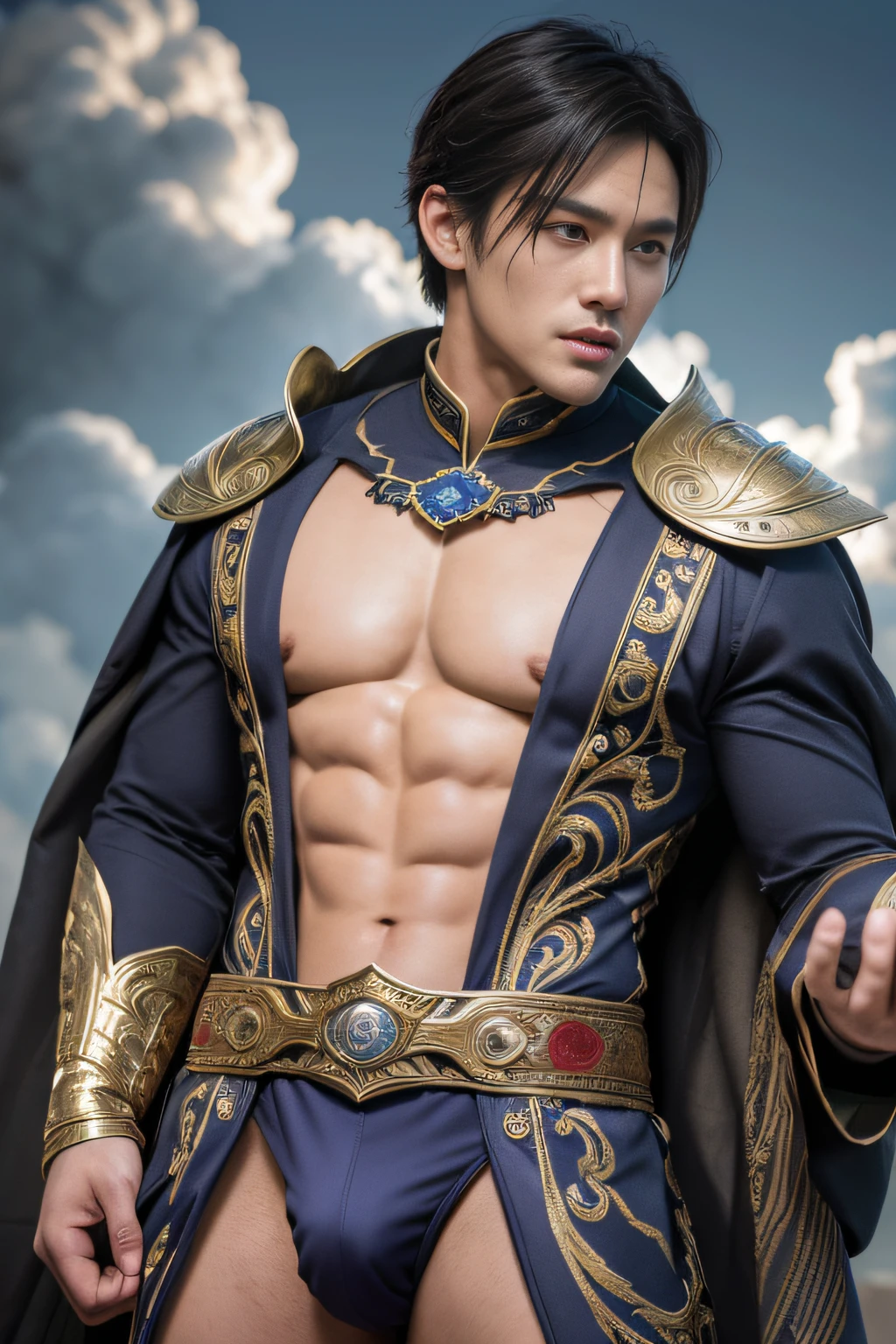 top-quality、masterpiece、超A high resolution、(realisitic:1.4)、详细的脸、独奏、1human male、The upper part of the body、Dark hair、glistning skin、dense skin、(asian human)、architectural、(absurderes、hight resolution、ultra-detailliert)、、1 male、Adults、(a 25-year-old man)、a handsome、tall muscular man、broad shoulder、extra very short hair、angular jaws、thick neck、thick eyebrow、extra very short hair、A dark-haired、fine eyes and detailed face、 Highly detailed CG Unity 8K wallpapers、intricate-detail、(Style Swirl Magic:0.7)、looking at the spectator、独奏、(full body Esbian:0.6)、细致背景、A detailed face、dynamicposes、、dynamic compositions、 big muscle、、((((Crotch bulge))))、a handsome、 ((masutepiece:1.4, Best Quality)), ((masutepiece, Best Quality)), (photographrealistic:1.4)、(((Sorcerer)))、grin, 、a smirk、Sunny and cloudy sky、(Complex blue long sleeve enchantment costume), (Fantasy Library Background:1.2), Photorealistic、
