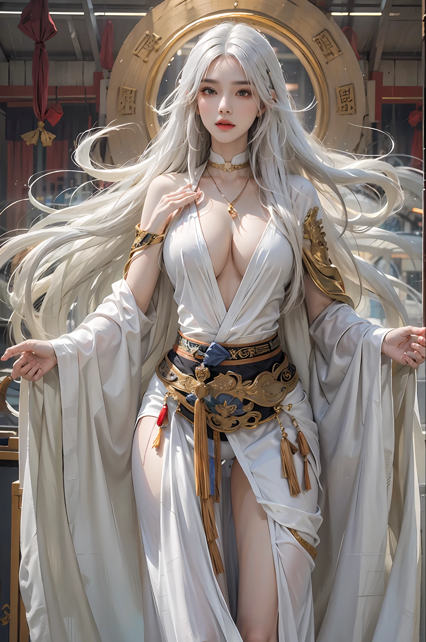 Photorealistic, high resolution, 1womanl, Solo, huge tit,Hips up, view the viewer, (Detailed face), White hair, Long hair, taoist robe,Oversized clothes, jewelry,slim toned body,crisp breasts,There is a halo behind it