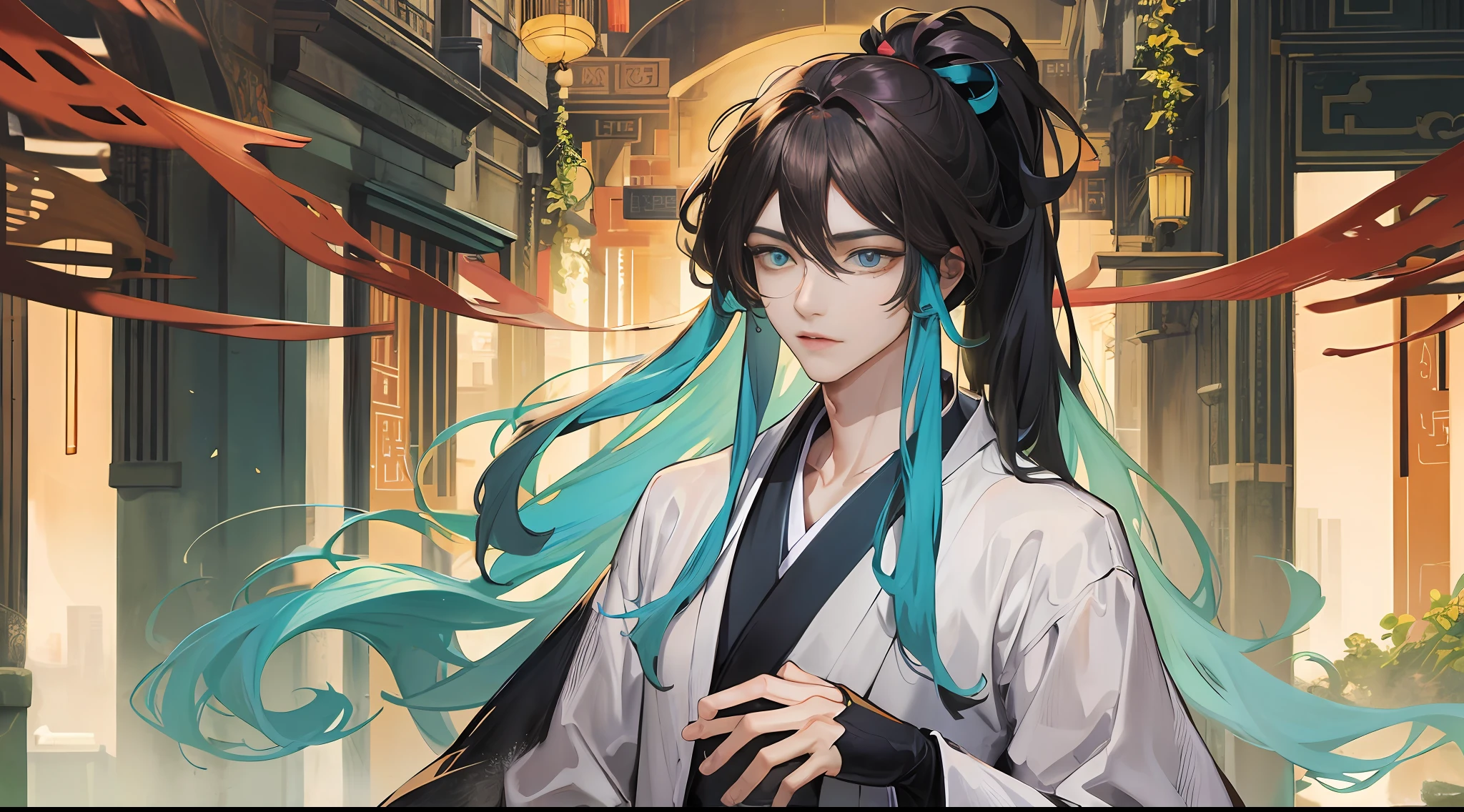 tmasterpiece,Need,China-style,Chinese Ancient Times,brunette color hair,Gray-blue eyes,Bifurcation,long whitr hair,with long bangs,High ponytail,Handsome,virile,gentleness,large tall,A tranquil,Cyan robe,exteriors,Wind Comfort, Young men,Posture,(Hanfu,Ming style),(Ming-style architectural background),the setting sun